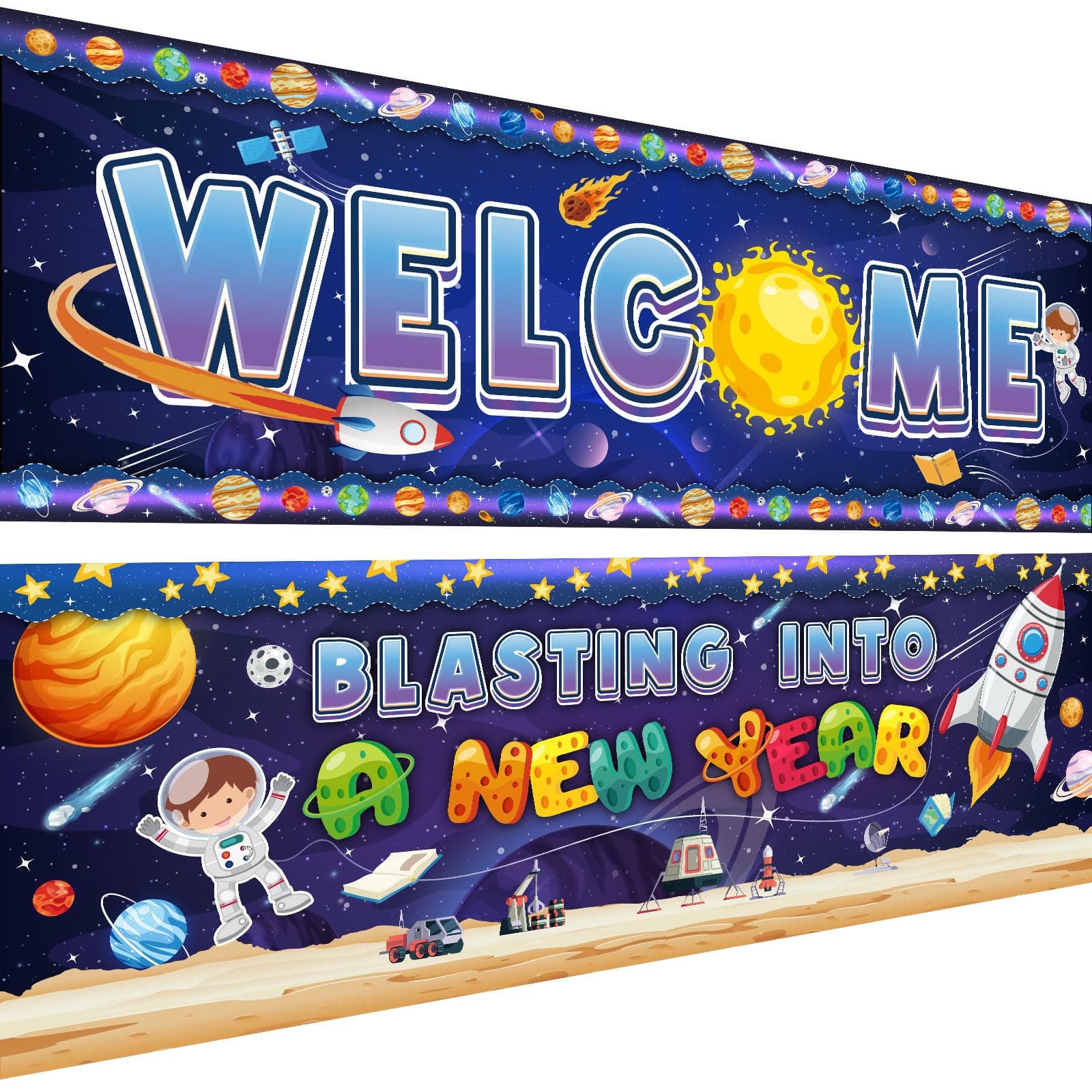 Harloon 2 Pcs Classroom Welcome Banner Poster Outer Space Classroom Motivational Banner Decor Space Bulletin Board Set with Adhesive Dot for School Office Home Wall Decor