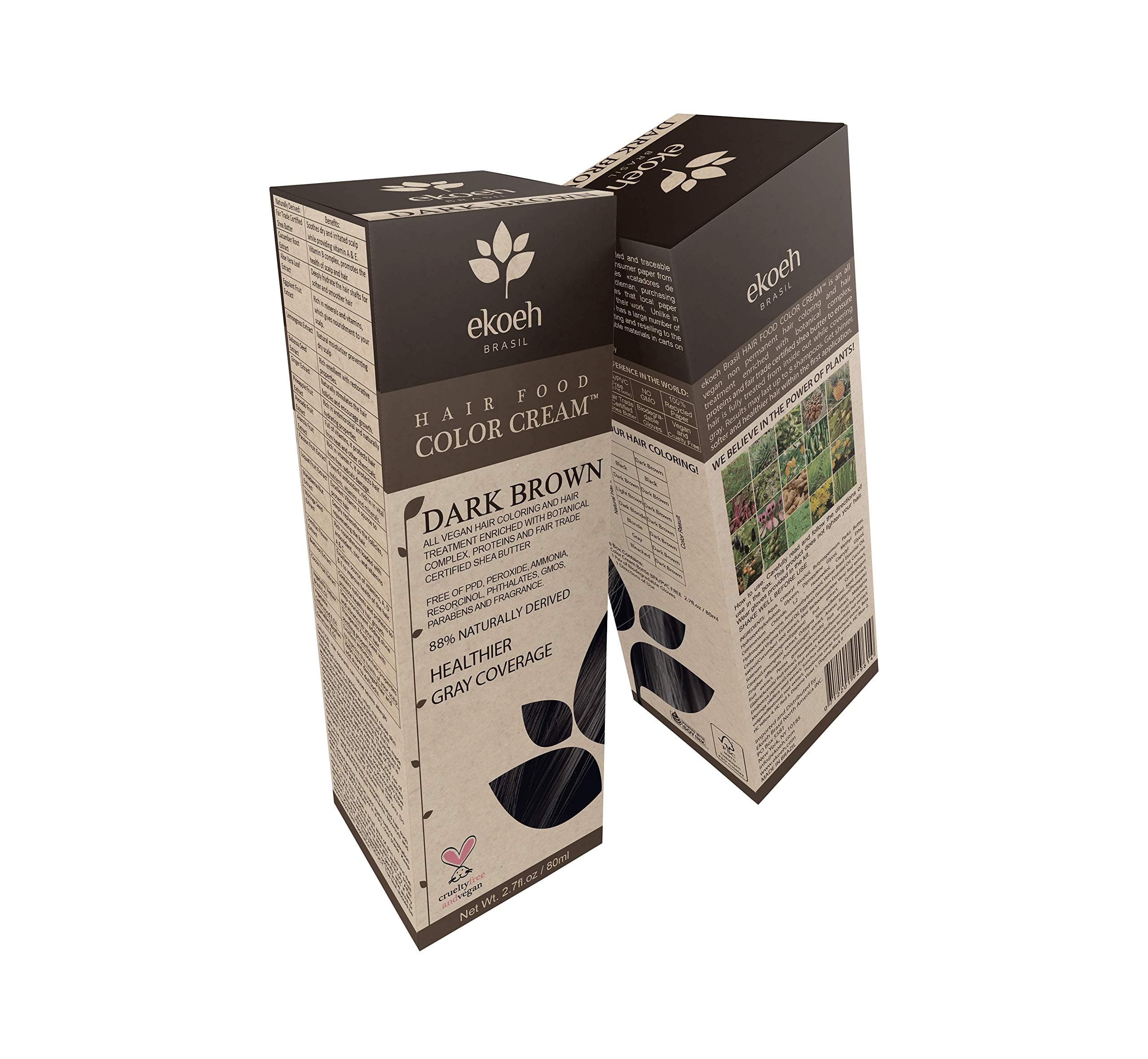 EKOEH BRASIL Natural Hair Color Cream, PPD, Toulene, Resorcinol, PTD, BPA, Fragrance, LEAD & Cruelty Free - VEGAN 2.7fl.oz (80ml) Dark Brown