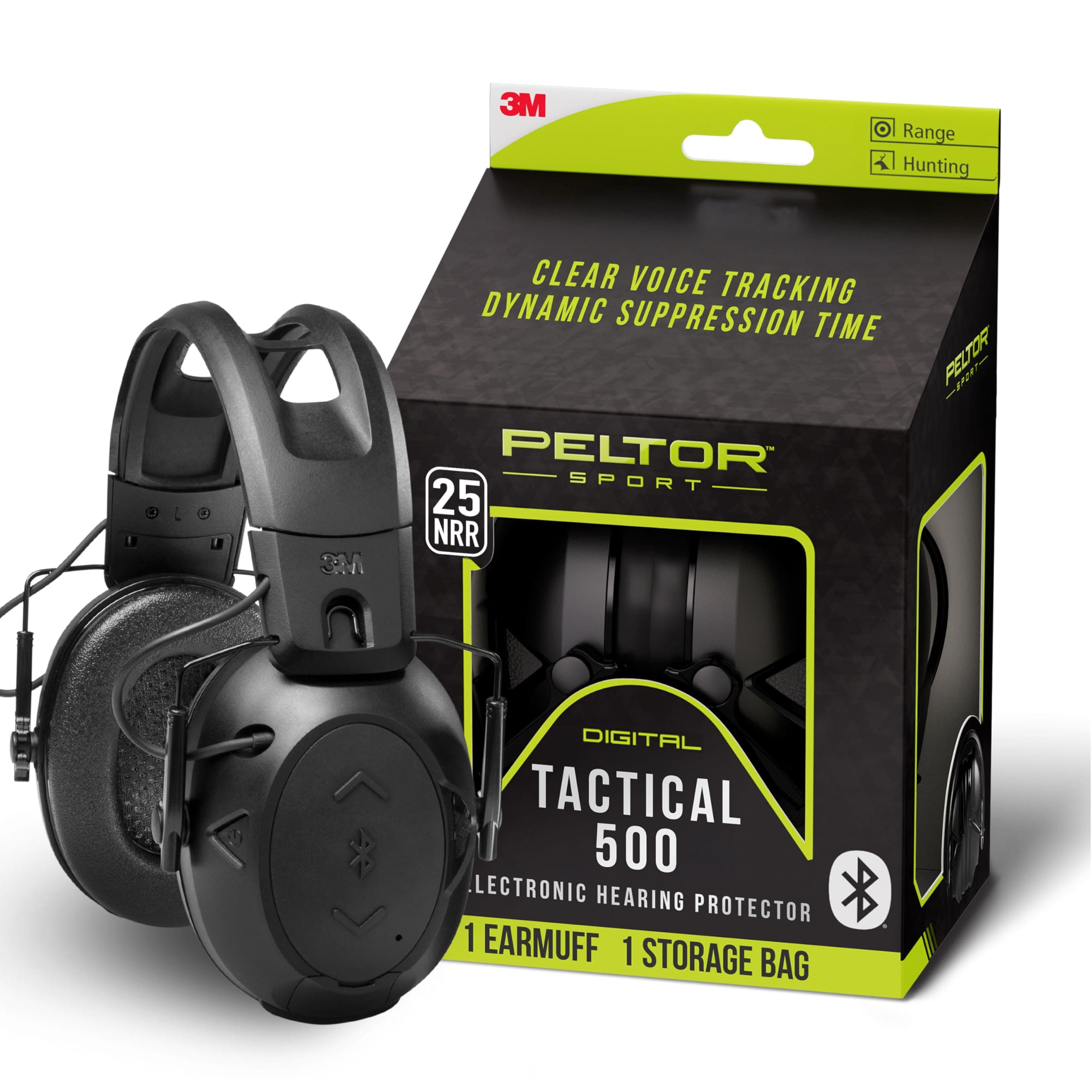 Peltor Sport Tactical 500 Bluetooth Hearing Protection Ear Muffs, 25 dB Noise Reduction Rating, Electronic Hearing Protection Headphones for Shooting, Hunting, Mowing, Construction, Concerts, & More