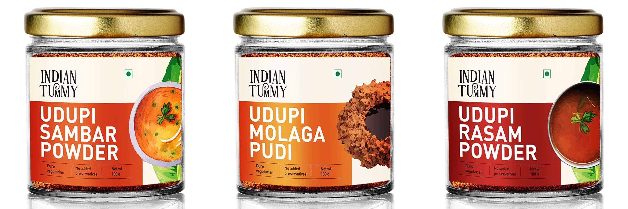 Indian Tummy Udupi Sambar Powder, Udupi Molaga Pudi and Udupi Rasam Powder - No Preservatives, Pure Spice Mix for Daily Cooking (100 gm + 100 gm + 100 gm)