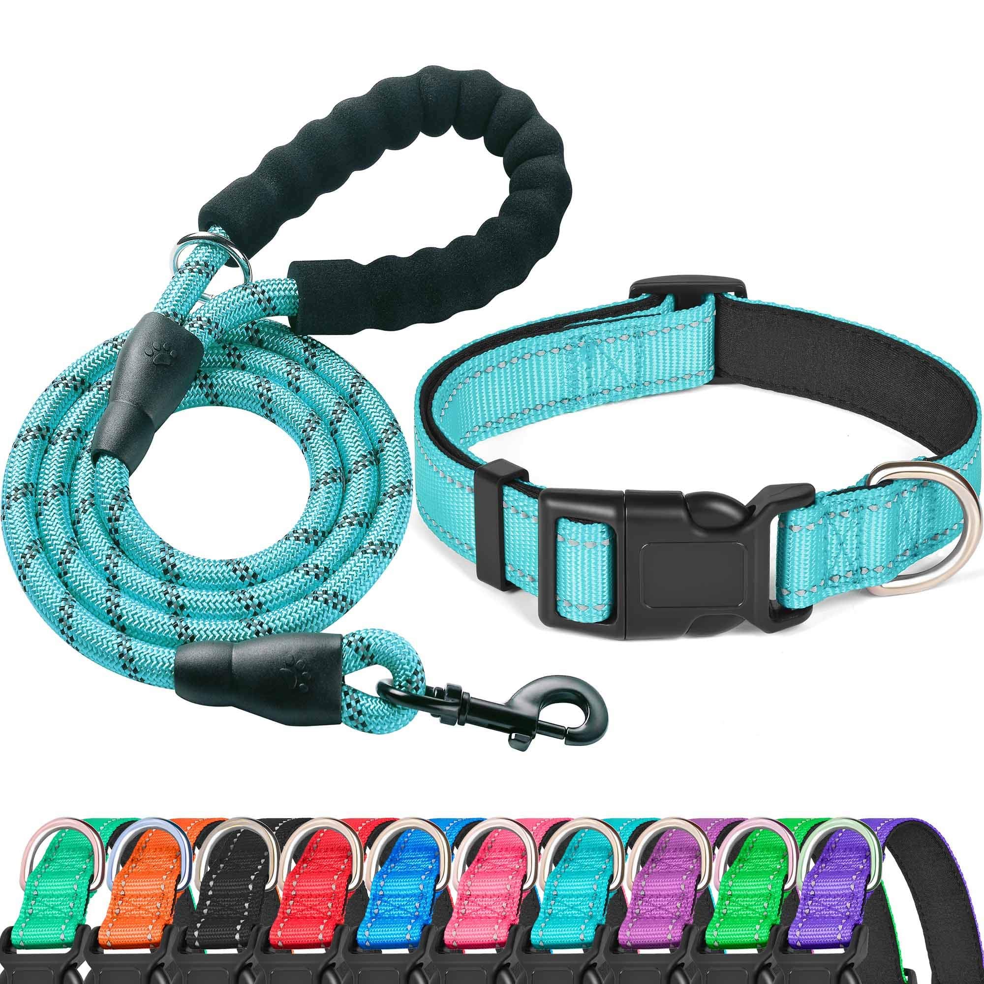 Reflective Dog Collar Padded with Soft Neoprene Breathable Adjustable Nylon Dog Collars for Small Medium Large Dogs (Medium (Pack of 1), Blue Collar+Leash)