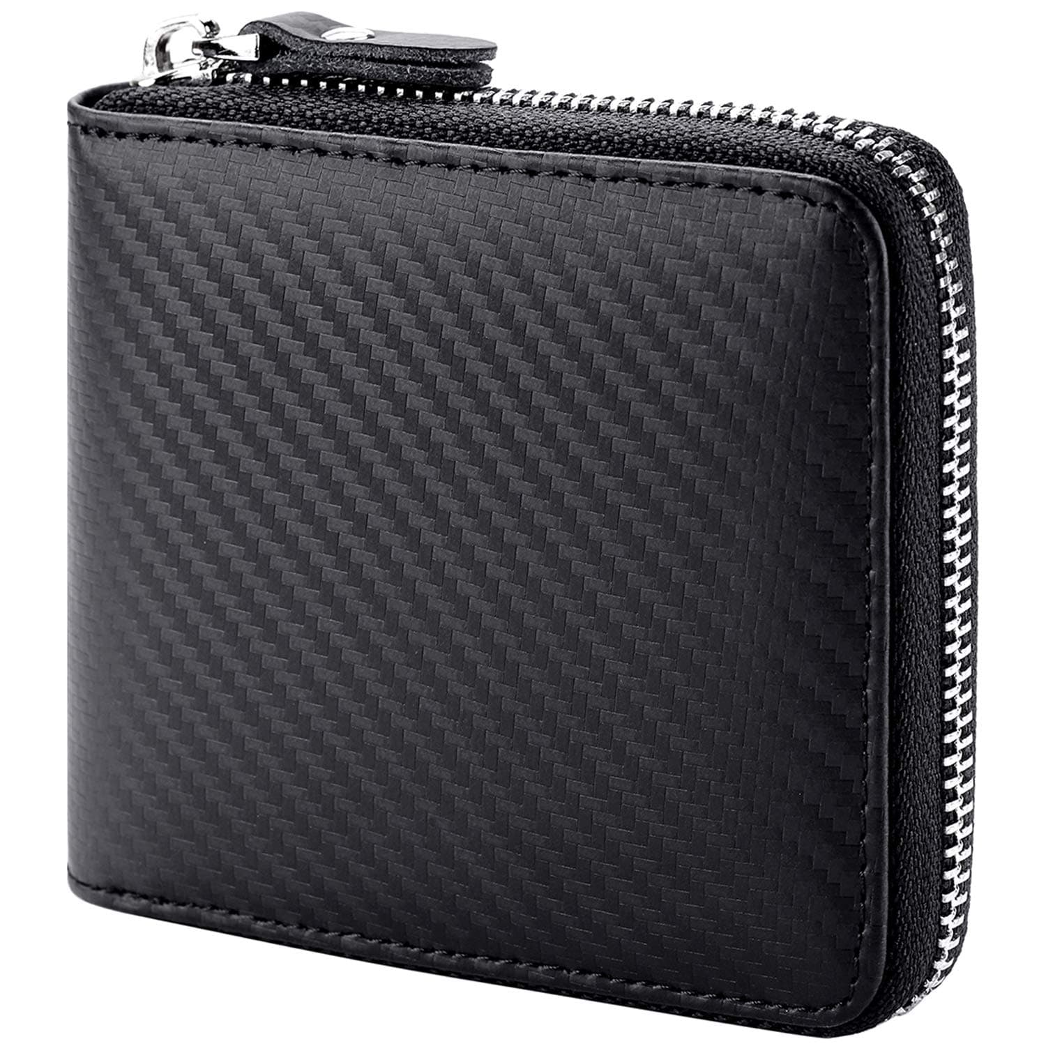 Huztencor Mens Wallet with Zipper RFID Blocking Wallets for Men Leather Zip Around Bifold Multi Card Holder Purse Carbon Fiber Black