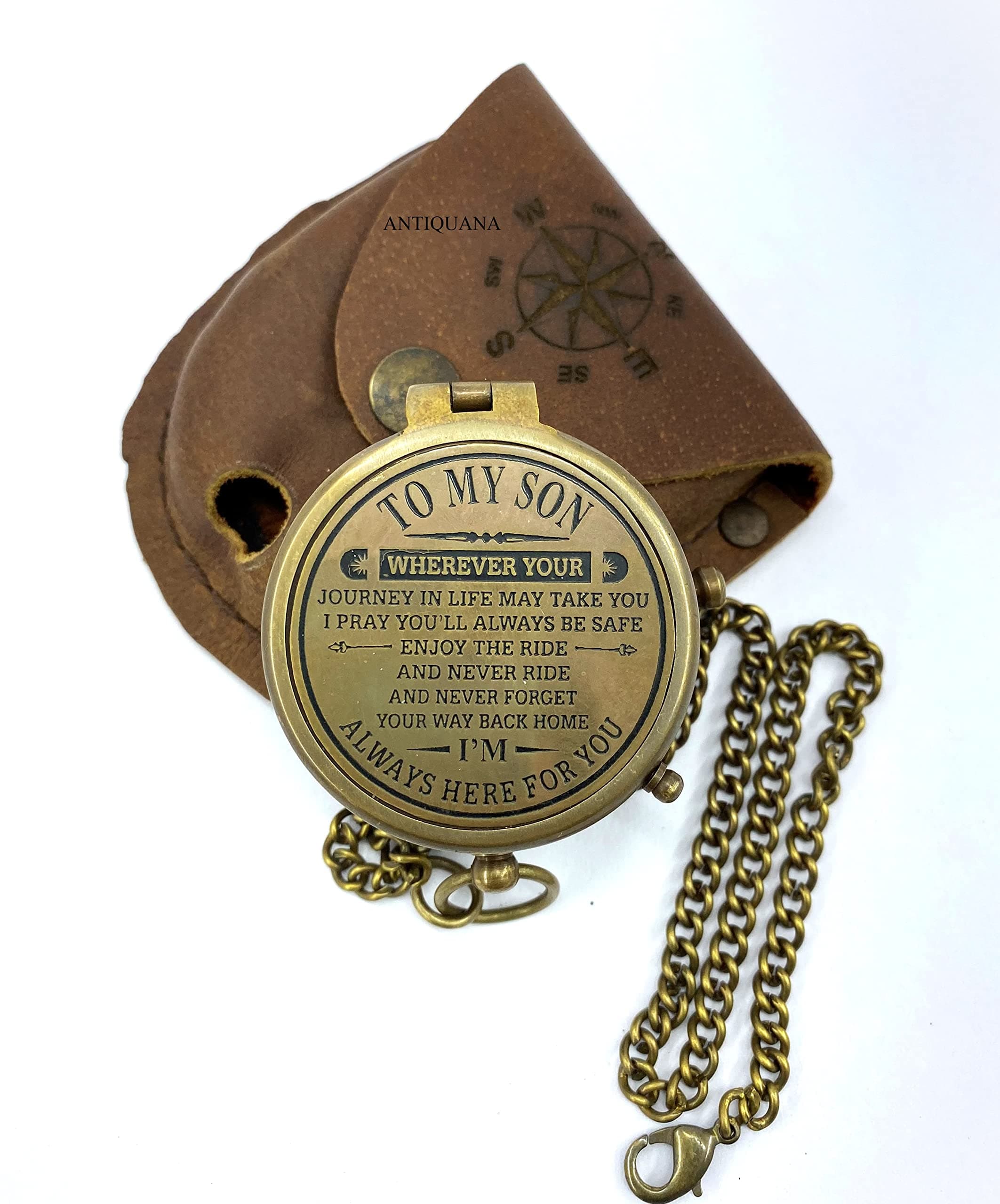 ANTIQUANA Brass Compass Gift to My Son/to Our Son/Nautical Gift for Son from Dad/Gift to Son from Mom A Perfect and Unique Gift with Leather Case