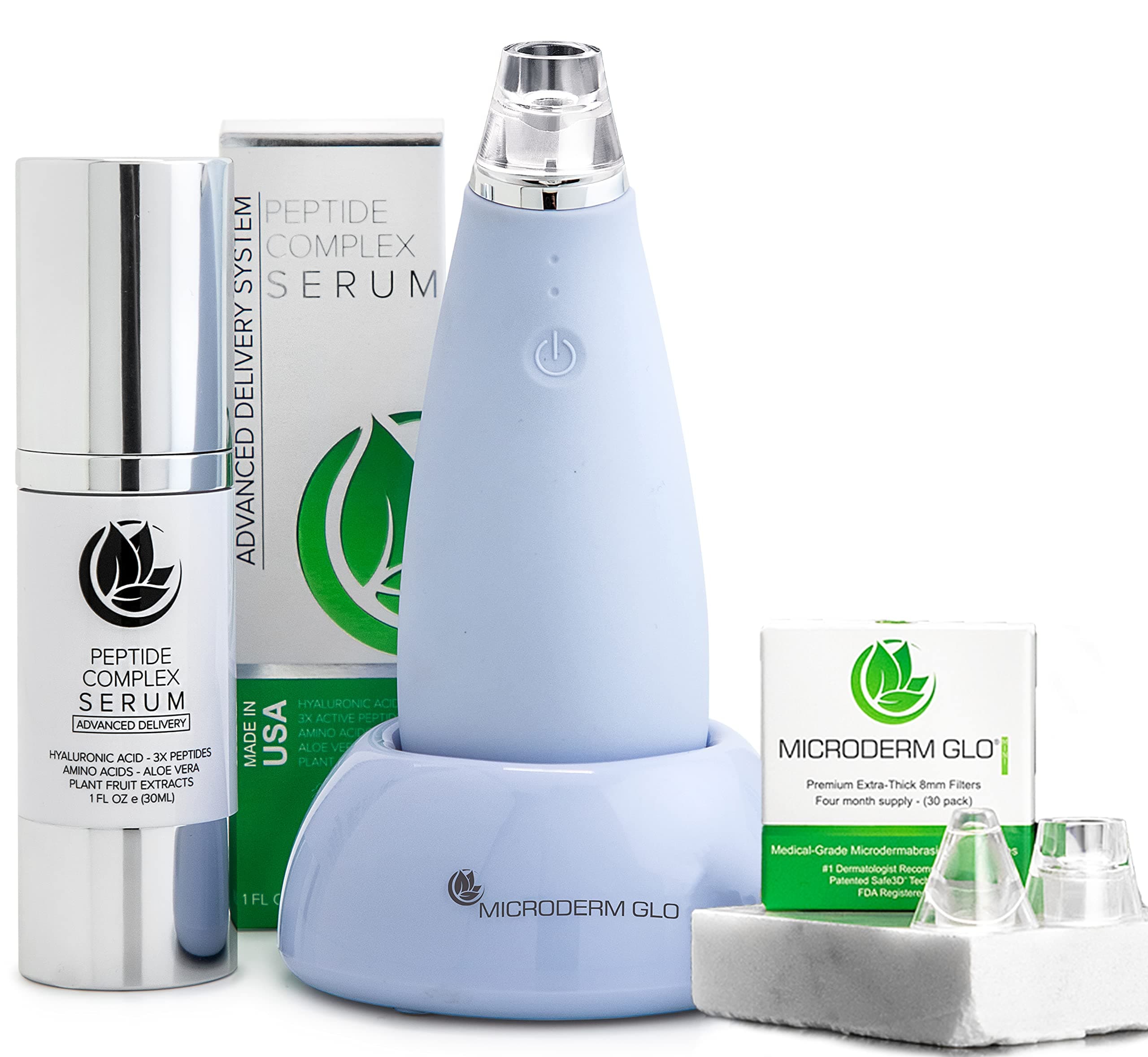 Microderm GLO MINI Premium Skincare Bundle - Includes Diamond Microdermabrasion System, 8mm Filters 30 pack, Peptide Complex Serum. Best Anti Aging Treatment Blackhead Remover and Pore Vacuum Kit Gray