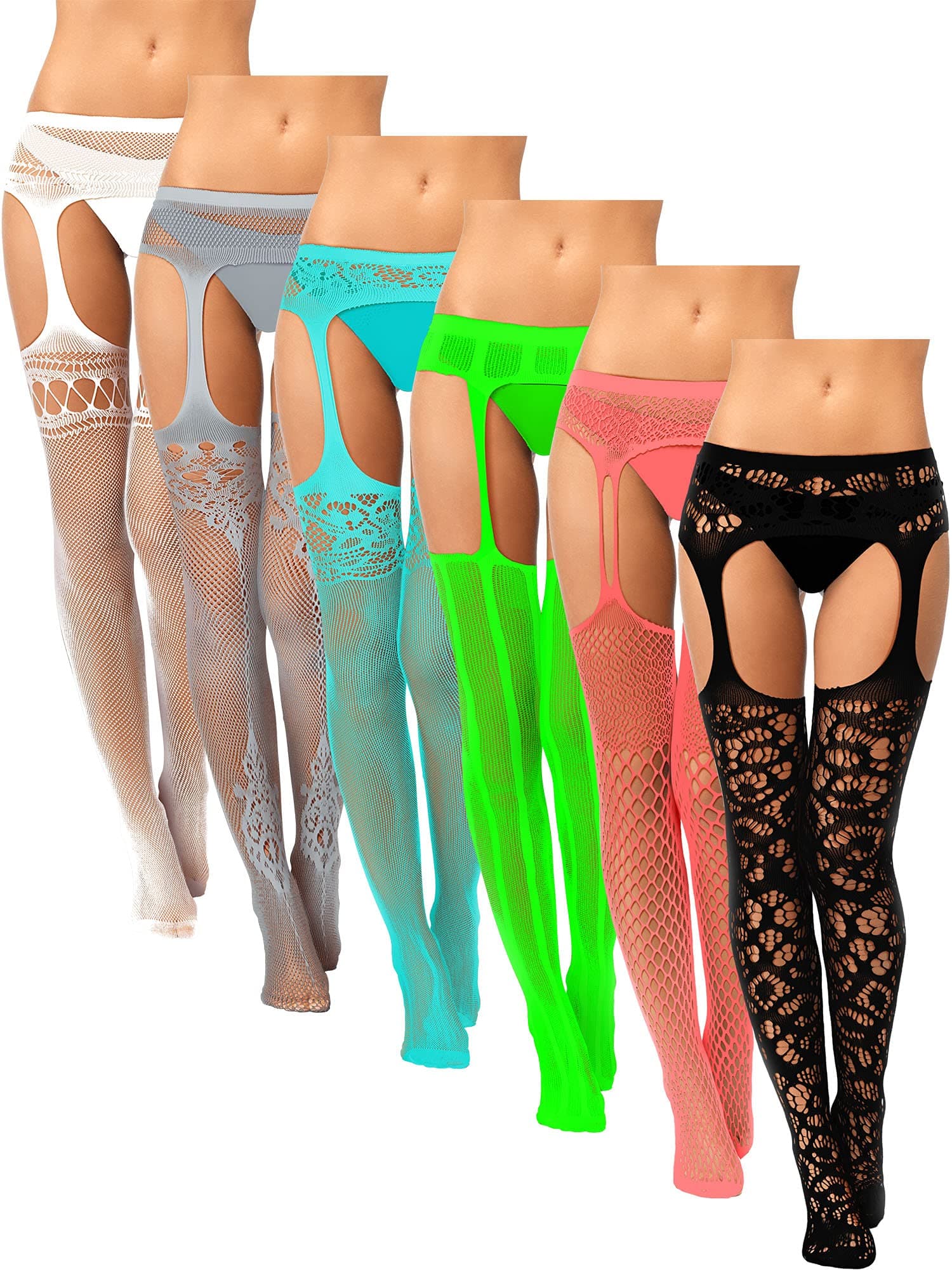 6 Pairs Fishnet Stockings for Women Plus Size Thigh-high Tights Stockings Suspender Pantyhose Garter Belts