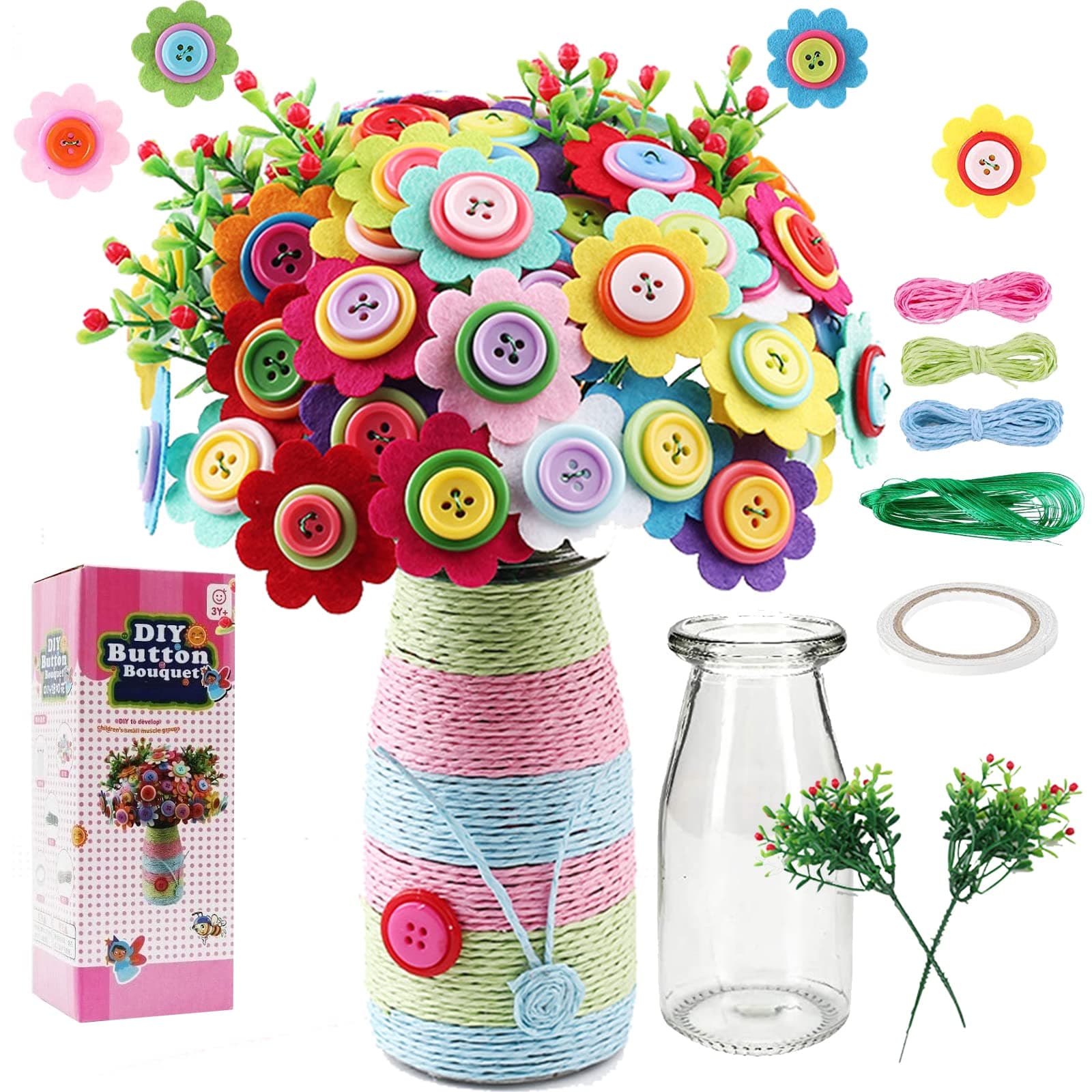 Flower Craft Kit for Kids Girl, Make Your Own Flower Bouquet with Buttons and Felt Flowers, Vase Art Toy & Craft Project for Children, DIY Activity Gift for Boys & Girls Age 4 5 6 7 8 9