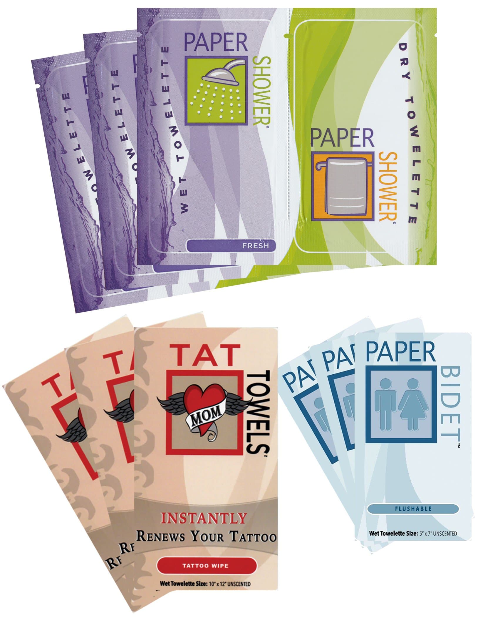 Festival Wipe Kit - Paper Shower-Fresh, Paper Bidet and Tat Towels (Two kits Per Order) NEW!