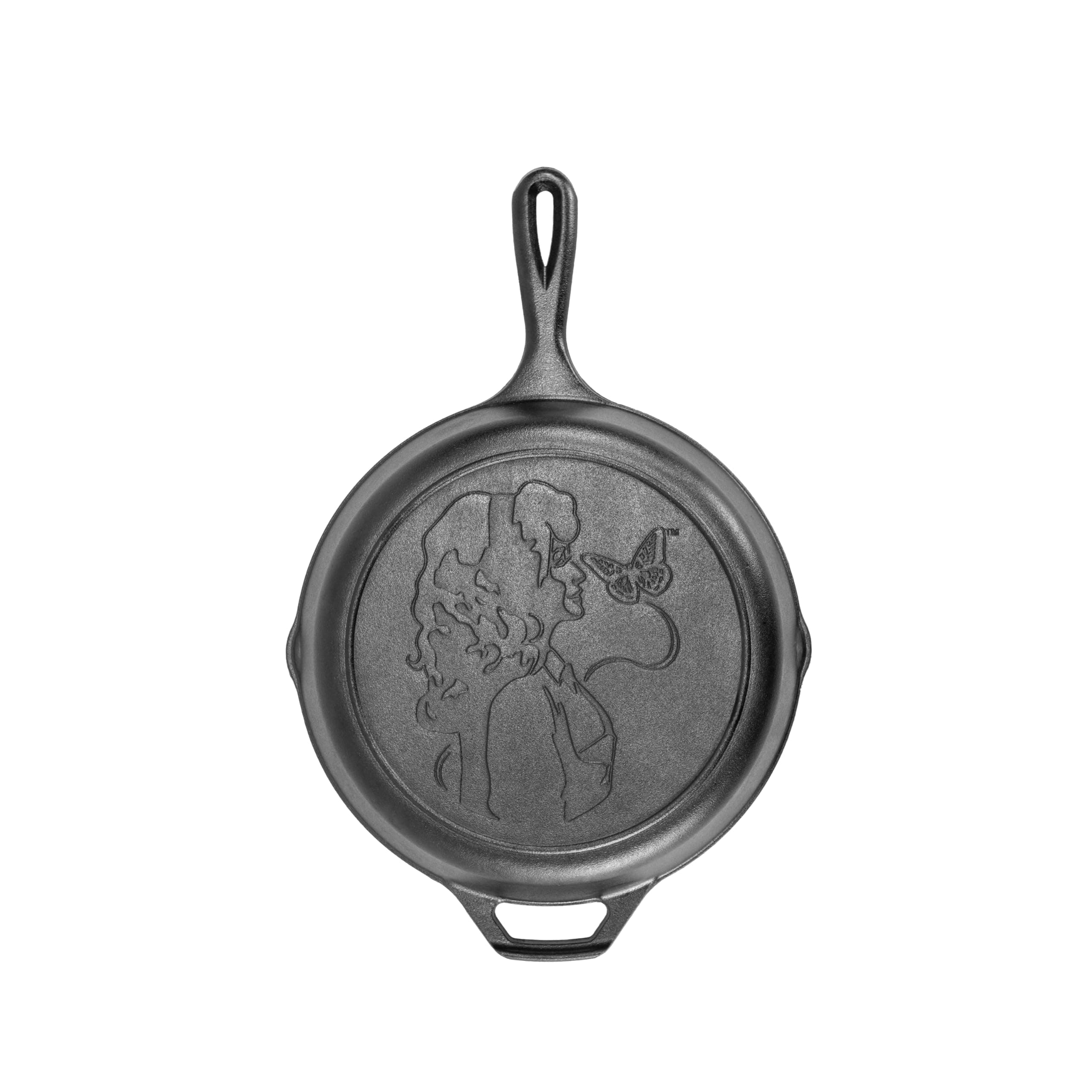 10.25 Inch Dolly Parton Pre-Seasoned Cast Iron Stamped Skillet - Signature Teardrop Handle - Use in the Oven, on the Stove, on the Grill, or Over a Campfire, Black