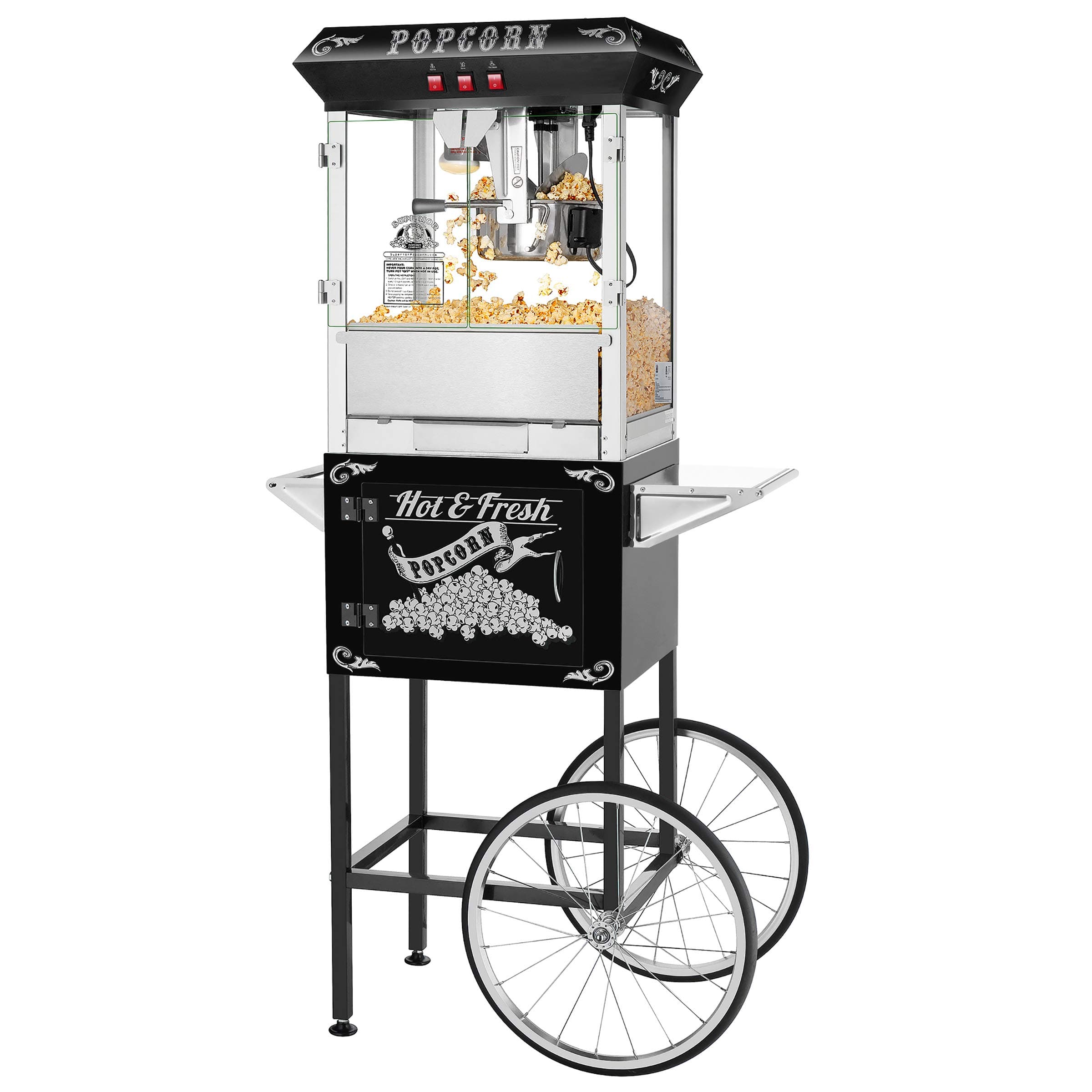 Hot and Fresh Popcorn Popper Machine With Cart-Makes Approx. 3 Gallons Per Batch- by Superior Popcorn Company- (8 oz., Black)