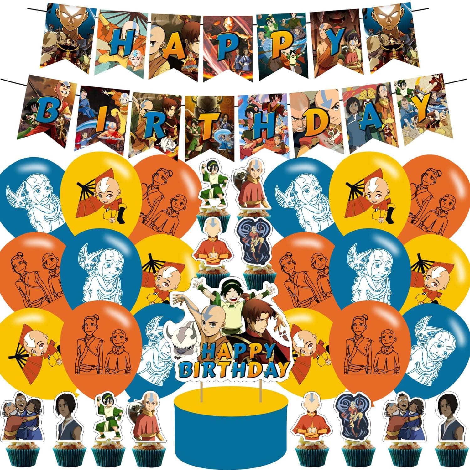 Cartoon Anime Party Supplies - Decorations Include Happy Birthday Banner, Cake Topper, Cupcake Toppers for Anime-Themed Celebration