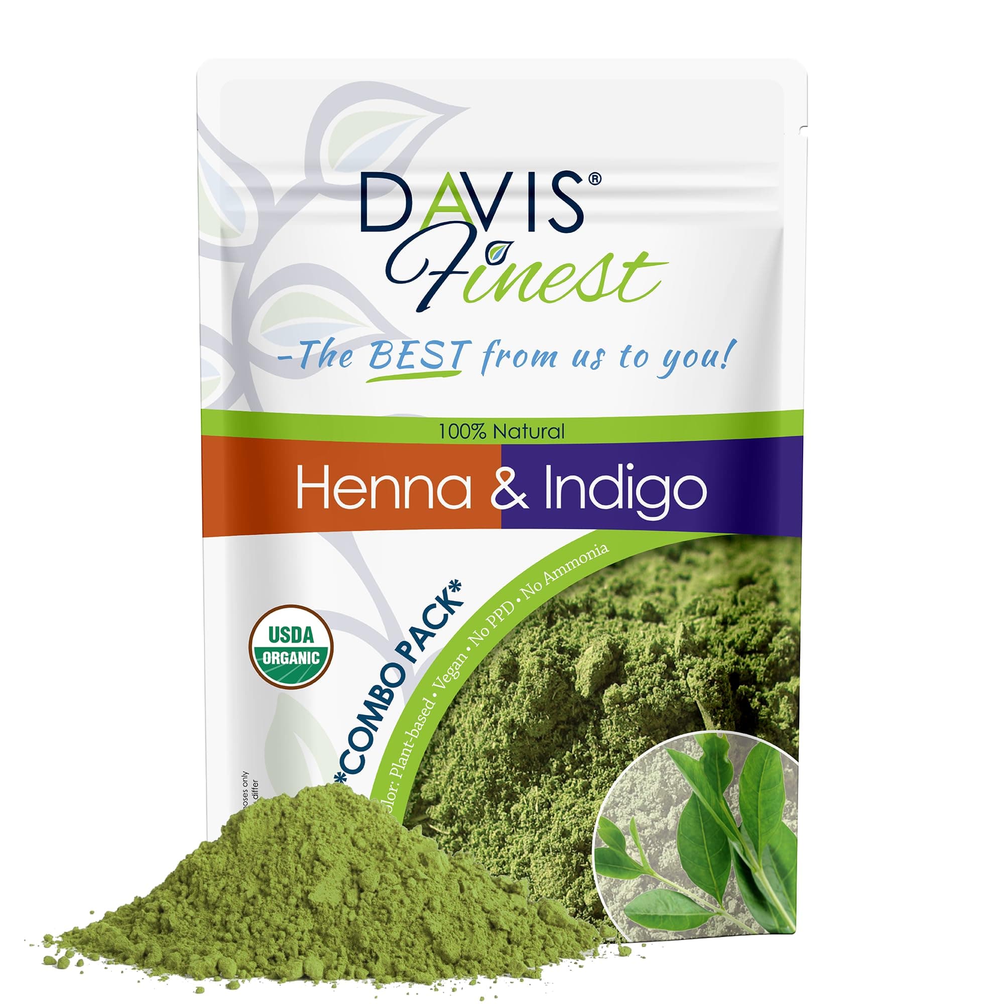 Davis Finest Henna Indigo Powder for Hair Color – 100g Henna with 100g Indigo, Chemical Free Hair Dye for Gray Hair Coverage, Light/Medium/Dark Brown/Black PPD-Free Beard Dye, No Peroxide Hair Color
