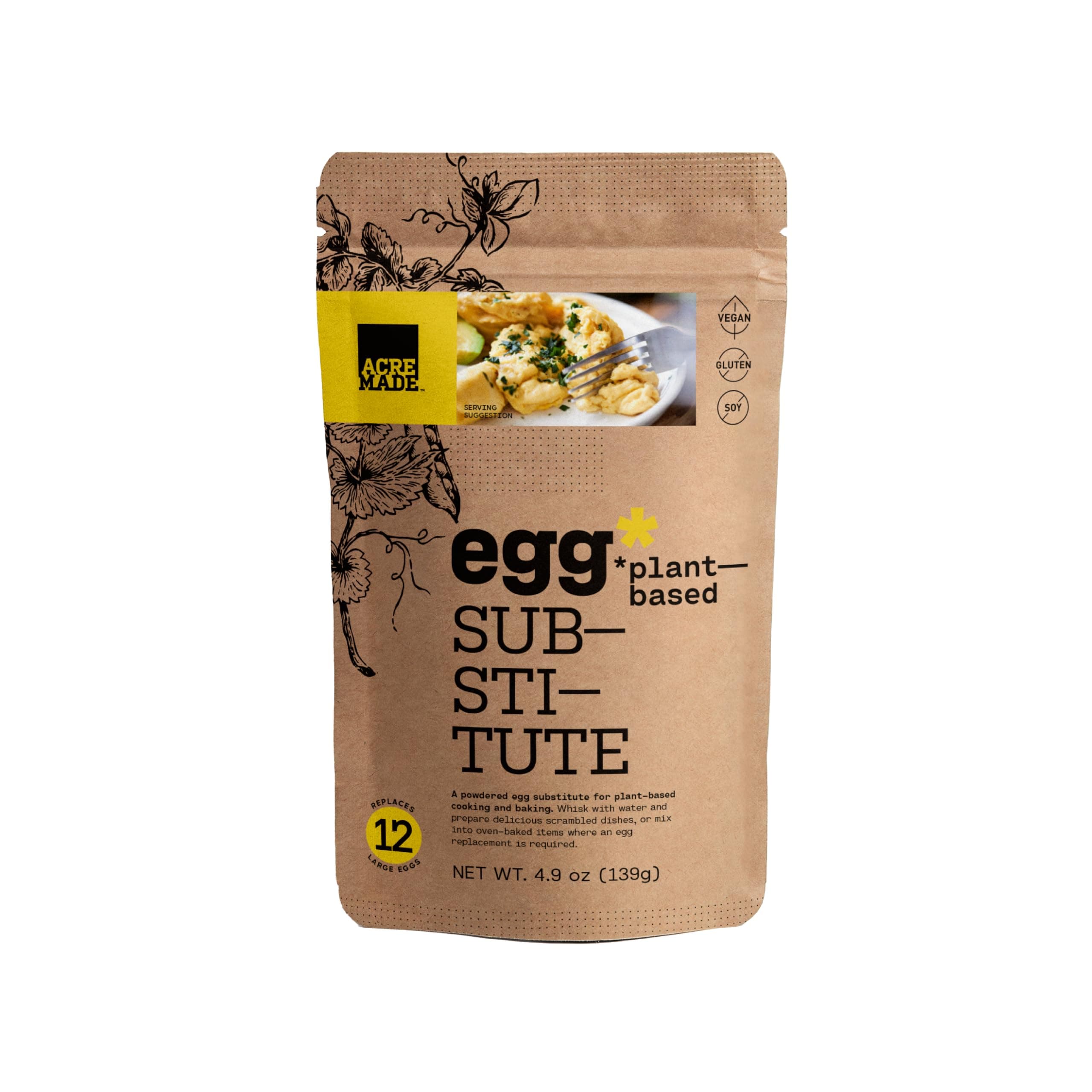 AcreMade Plant-Based Egg Substitute, Vegan Egg Powder, 1 Dozen Eggs, Gluten Free, Shelf Stable, Soy-Free, Natural Egg Replacement, 5 Grams of Pea Protein Per Serving, Cholesterol Free