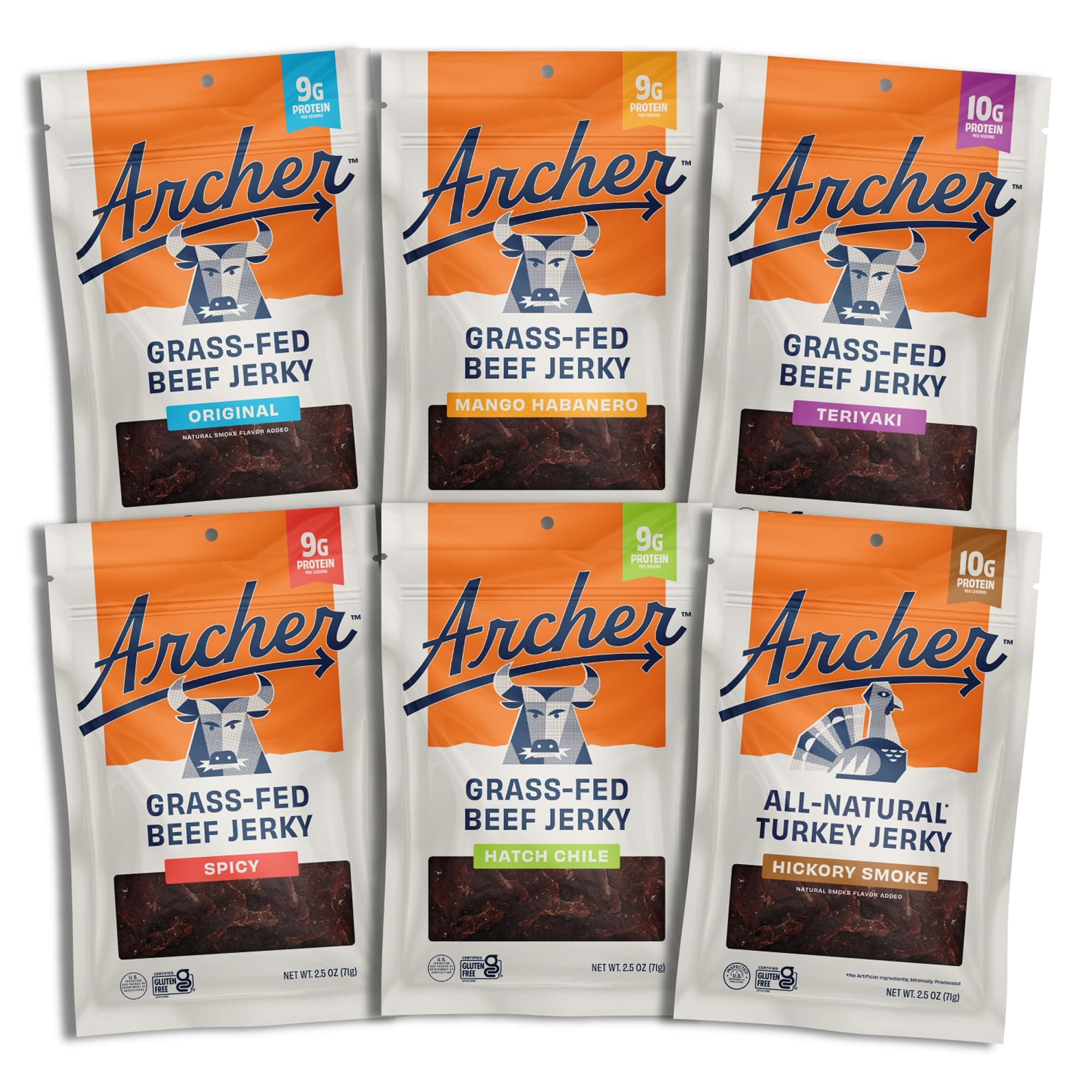 Archer Jerky Grass-Fed Beef Jerky Variety Pack- Beef Snack Packs, Protein Snack Assortment, Flavor Sampler, Original, Mango Habanero, Teriyaki, Spicy, Hatch Chile - 2.5 oz (Pack of 6)
