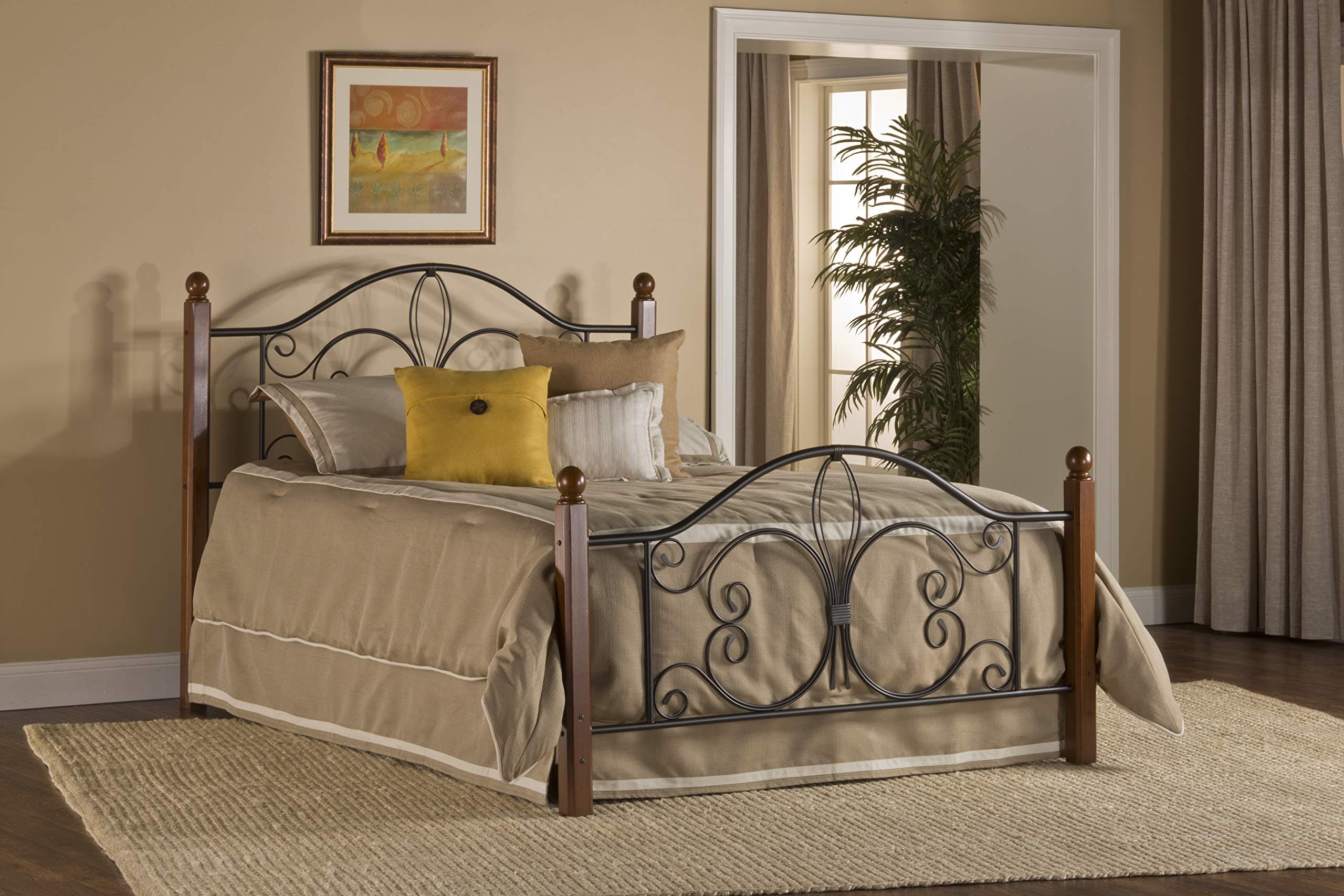 Hillsdale Milwaukee Queen Metal Bed with Cherry Wood Posts with Bed Frame, Textured Black