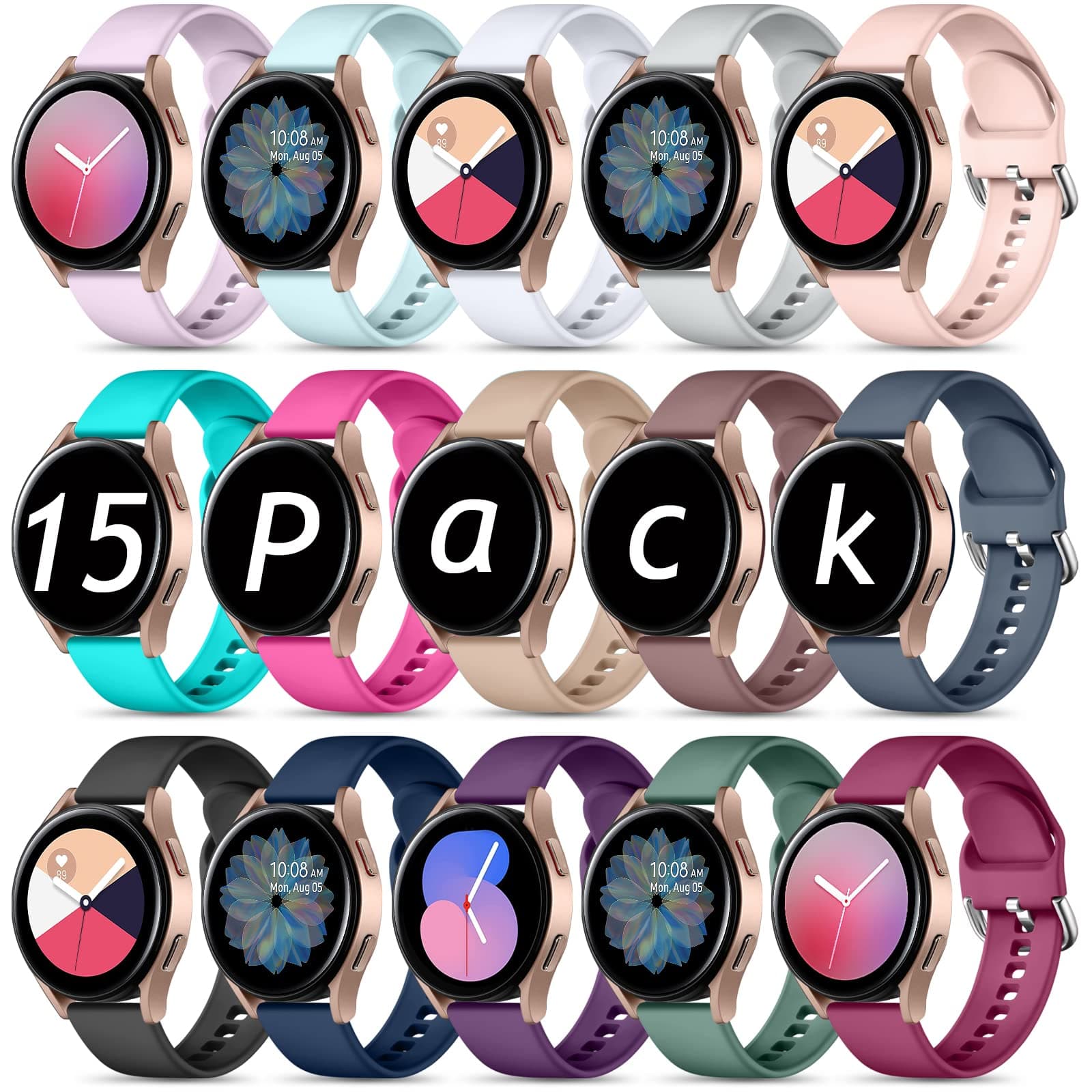 Maledan 15 Pack Bands Compatible with Samsung Galaxy Watch 7 6 5 4 Band 40mm 44mm, Galaxy Watch 5 Pro 45mm/Watch 6 4 Classic 42mm 46mm 43mm 47mm/Active 2, 20mm Soft Silicone Sport Wristband Women Men