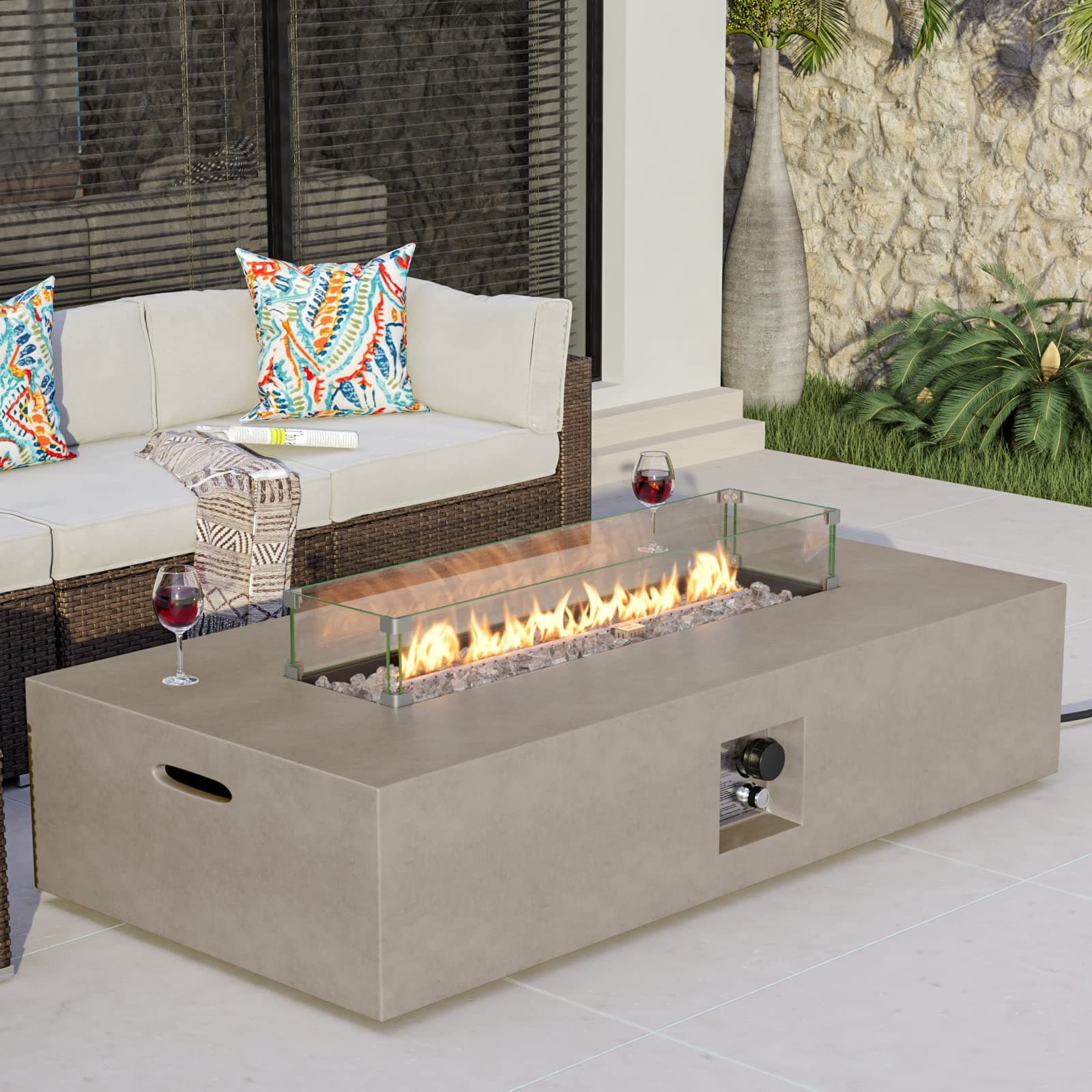 Outdoor Propane Fire Pit Table, 56-inch x 28-inch Rectangle Gray Concrete-Like Finish, Certified, 50,000 BTU Stainless Steel Burner w Transparent Gray Fire Glass, Wind Guard, Raincover