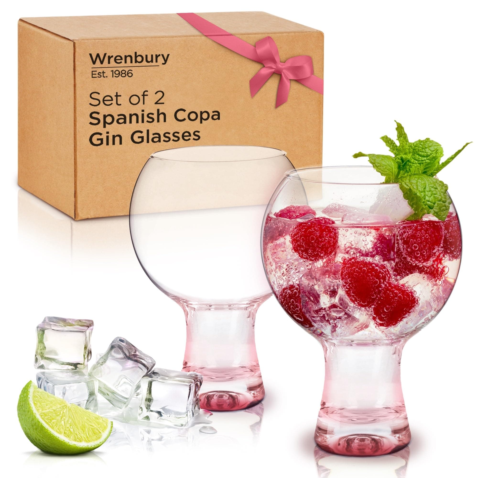 Wrenbury Gin and Tonic Glasses Copa De Balon Set of 2 Hand Painted 19oz - Spanish Mouthblown Balloon Glass with Heavy Base and Large Capacity - Cocktail Gifts for Gin Lovers - Optic Pink Blush
