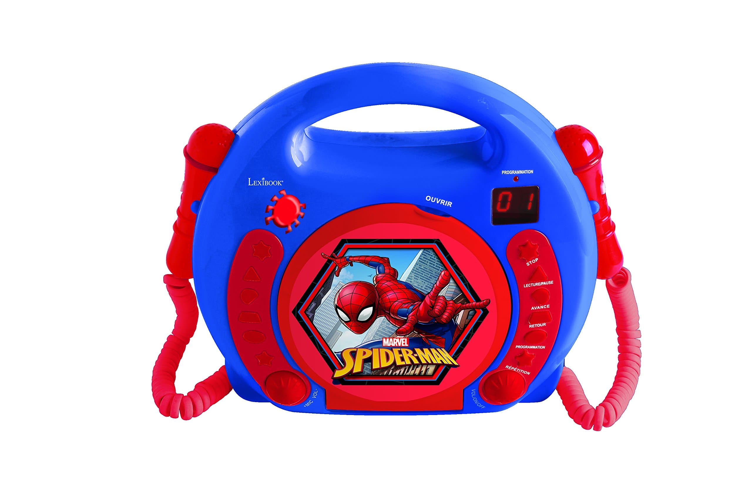 Lexibook Marvel Spider-Man Peter Parker CD Player for Kids with 2 Toy Microphones, Headphones Jack, with Batteries, Blue, RCDK100SP