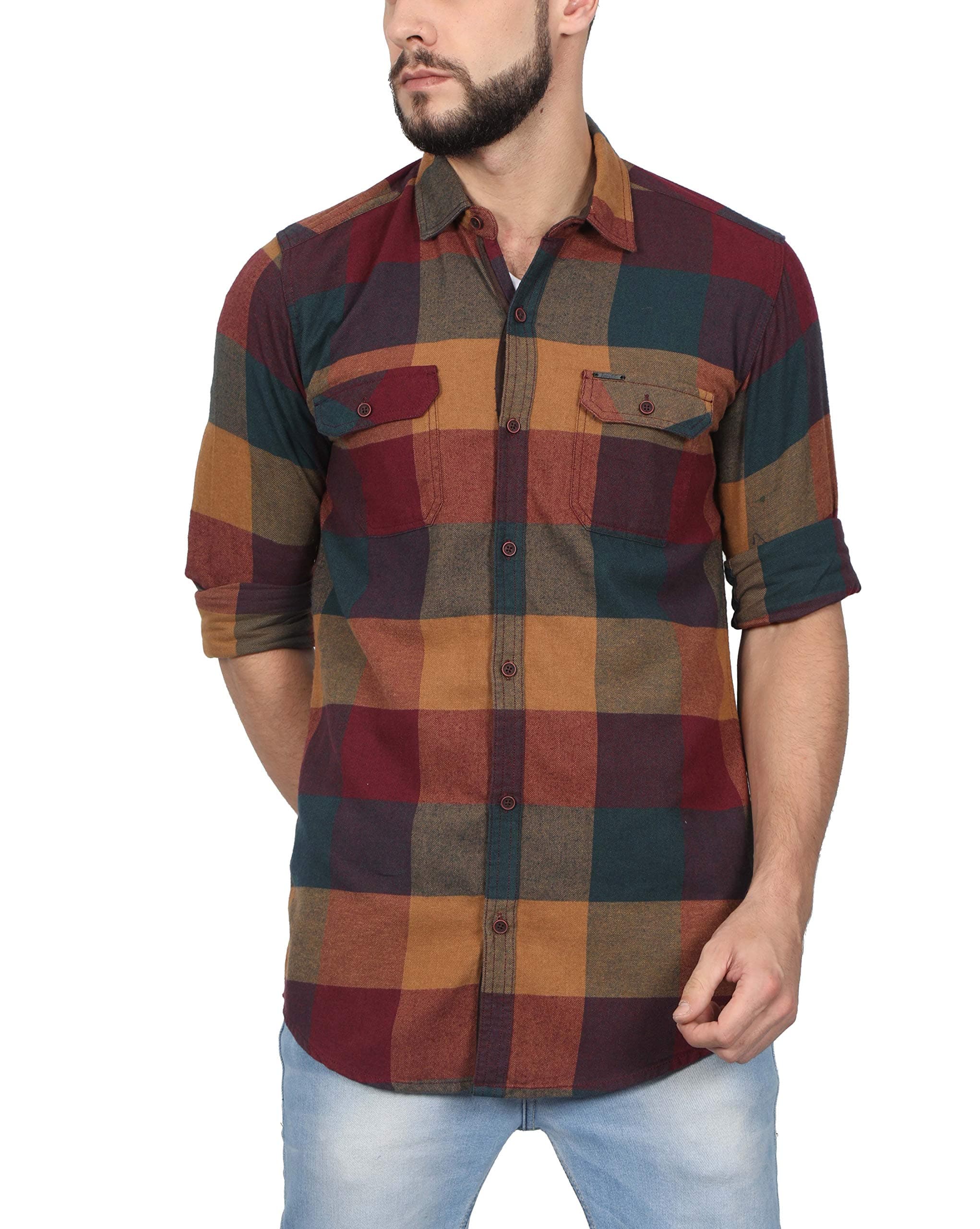 NORTH REPUBLIC Men's Burgundy Checks Cotton Full Sleeves Stylish Casual Shirt