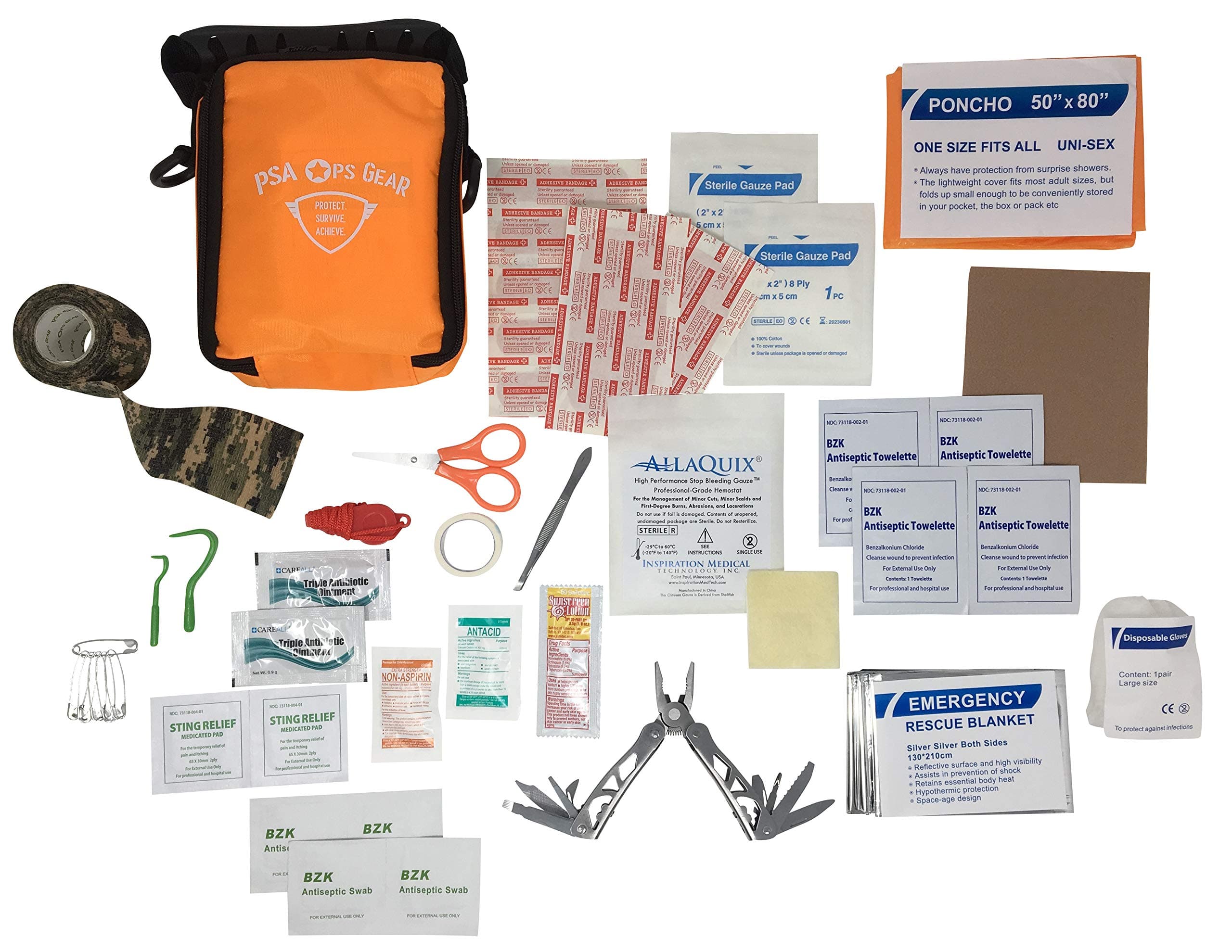 Hiking and Outdoor Adventures First Aid Kit - Deluxe with AllaQuix Stop Bleeding Gauze (Clip and Carry)