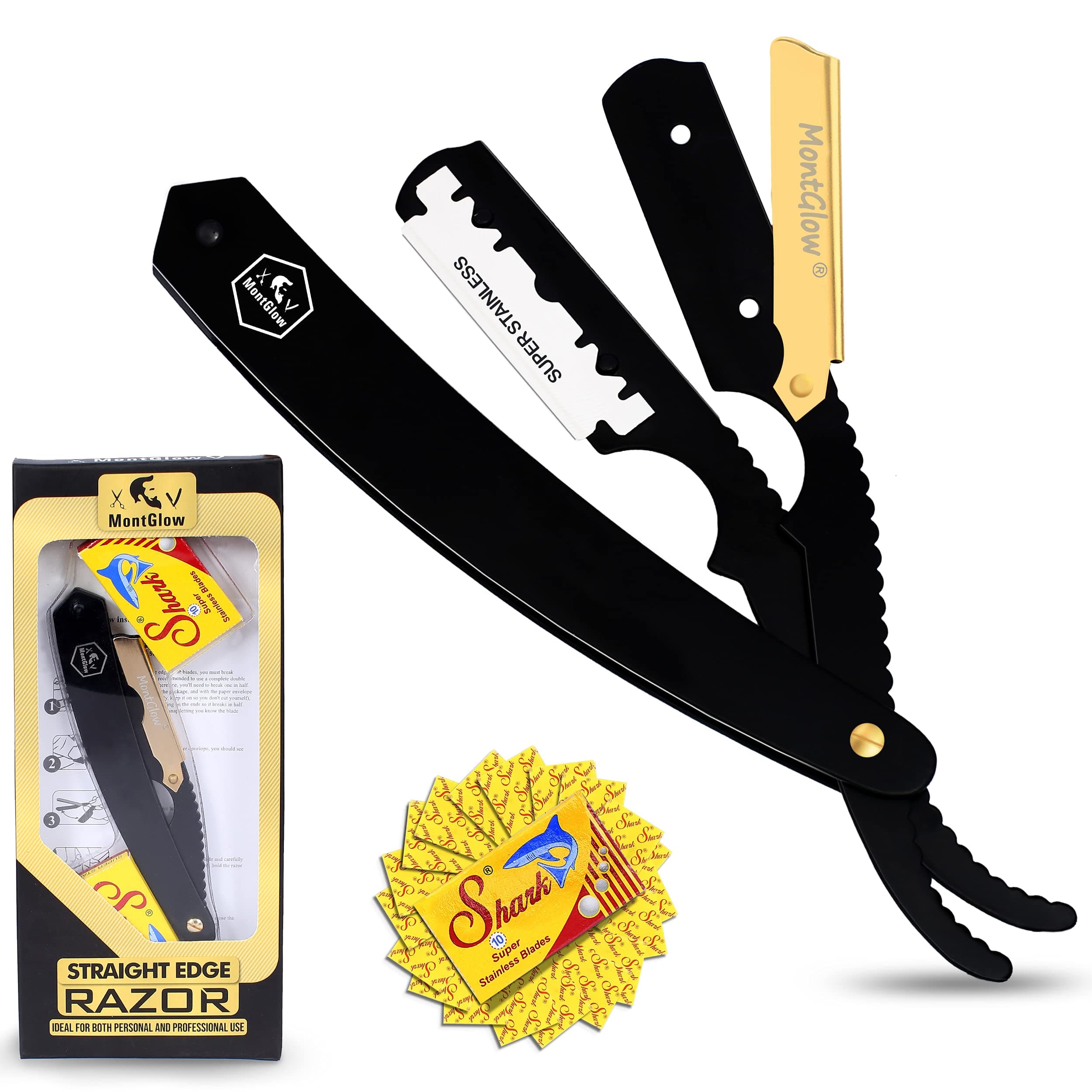 Professional Matte Black Barber Straight Razor with 10 Premium Quality Straight Edge Razor Shark Blades, For Smooth Shave and Lining Up Your Beard (Black)