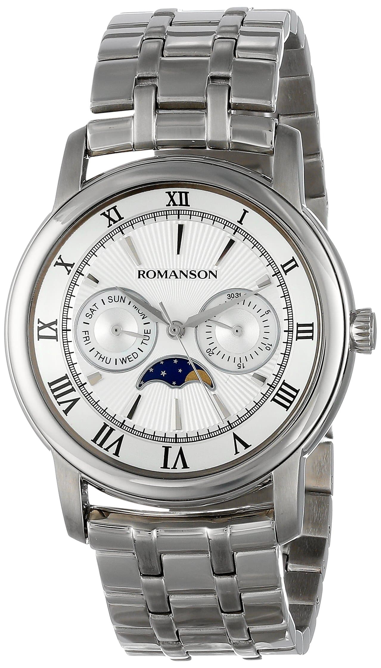 Romanson Men's TM2616FM1WAS2W Classic Three Hand Quartz Moon Phase, Day and Date Functions Watch