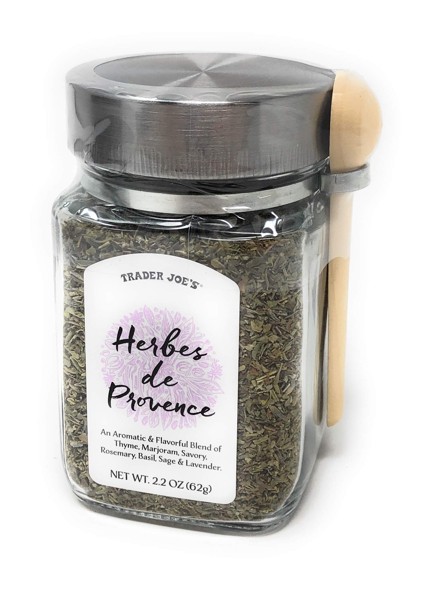 Trader Joe's Herbes de Provence Spice Mix Jar with Attached Spoon. 2.2 Oz.