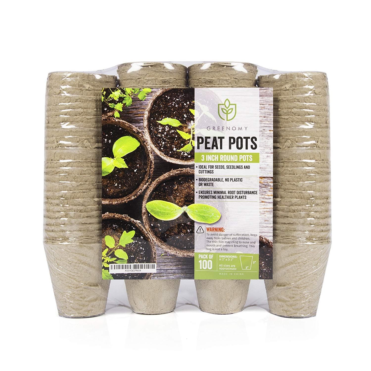Greenomy 3" Peat Pots Pack of 100|Seed Starter Pots|Seedling Pots for Seedlings, Flowers and Vegetables|Eco-Friendly and 100% Biodegradable