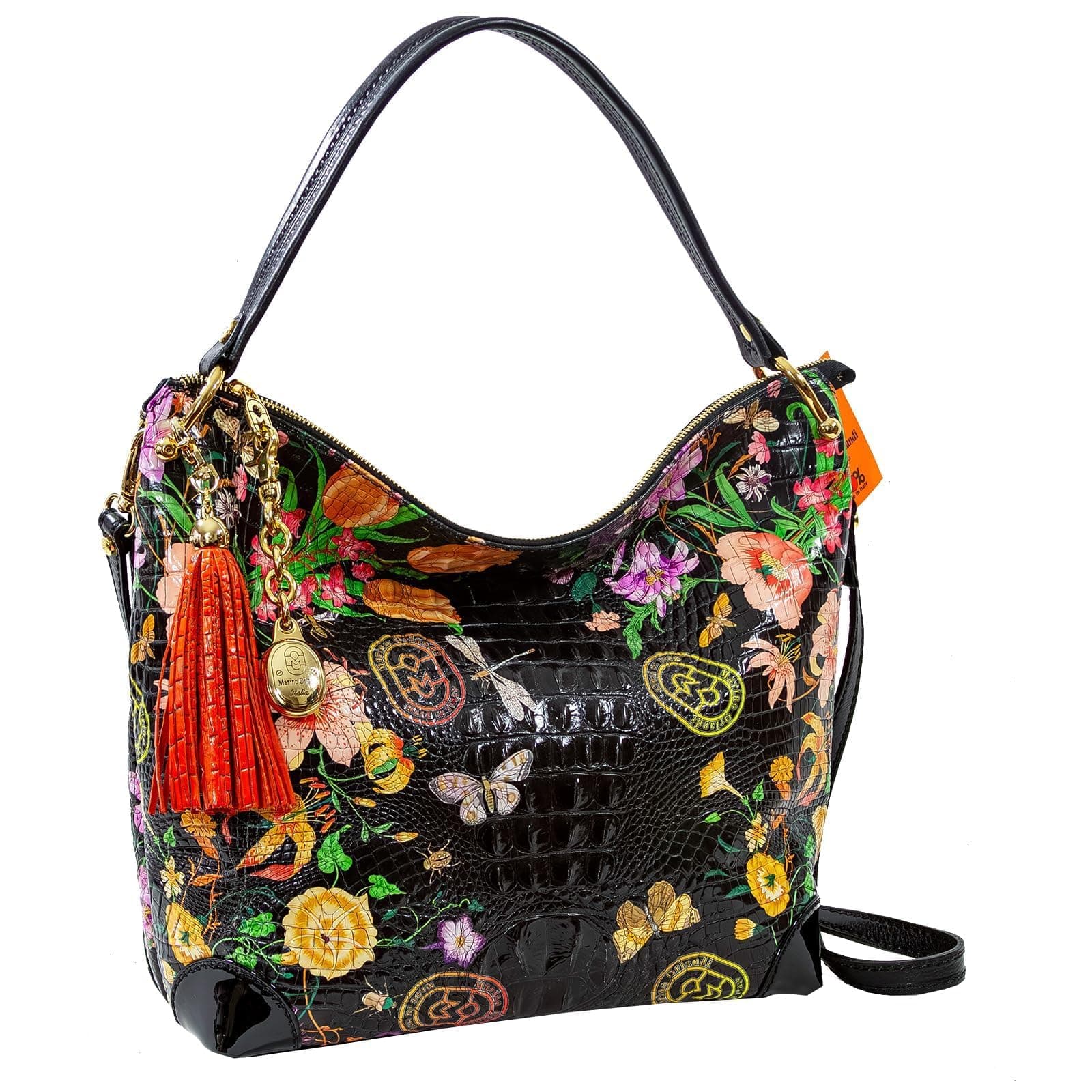 Marino Orlandi Women’s Extra Large Handbag Italian Designer Hobo Slouchy Purse Tote Onyx Croc Embossed Floral Genuine Leather Crossbody Bag