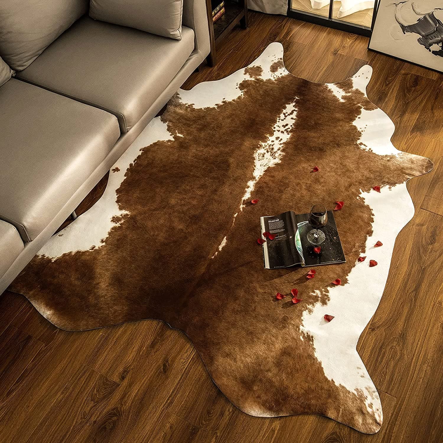 BENRON Premium Cowhide Rug Large, Faux Cow Hide Rugs for Living Room Bedroom Western Home Decor, Non Slip Cute Rug with Irregular Animal Skins and Hides, Khaki Brown, 6.2 x 7ft