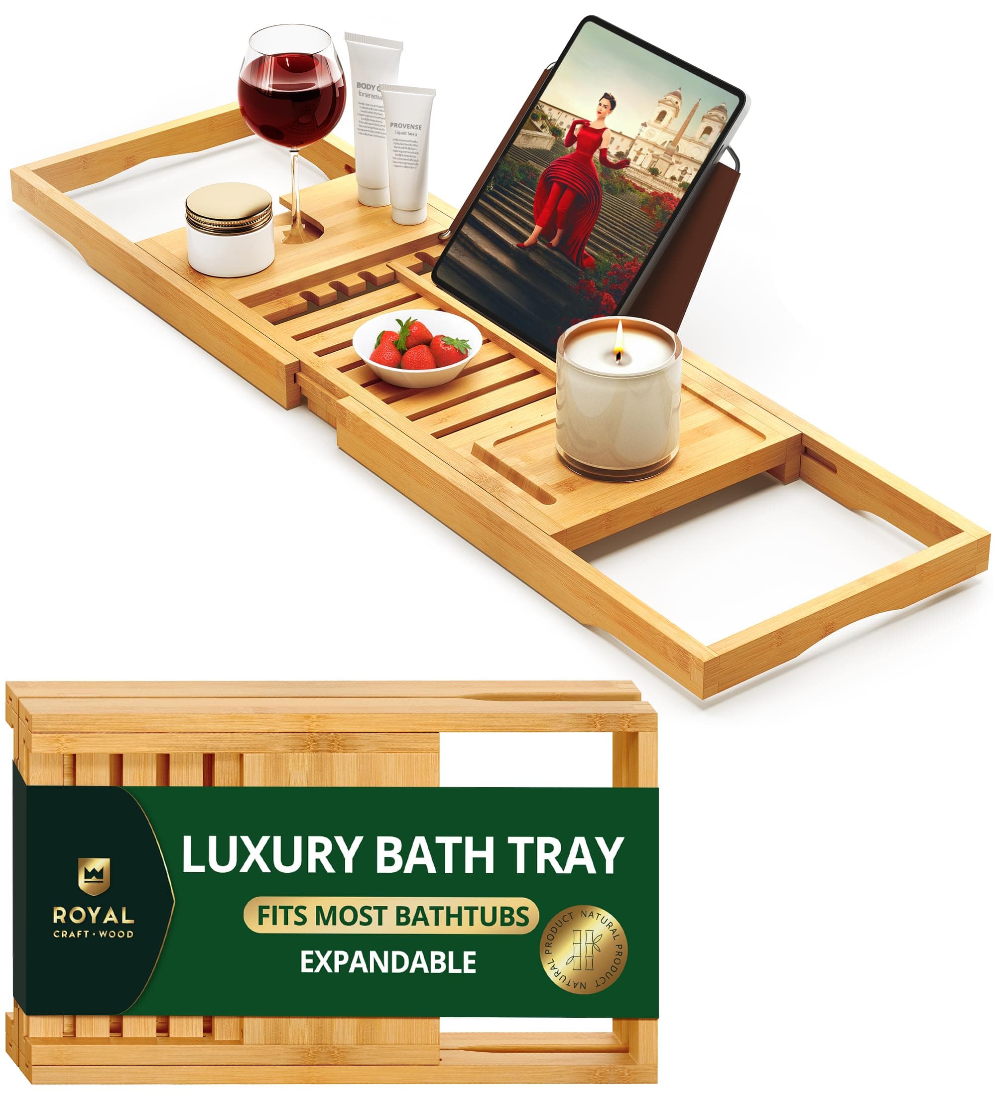 Premium Foldable Bathtub Tray Caddy - Wood Bath Tray for Tub, Bamboo Shelf, Expandable Bath Table Trays, Bathtub & Bathroom Accessories for New Home & Mothers, Birthday Gifts for Mom