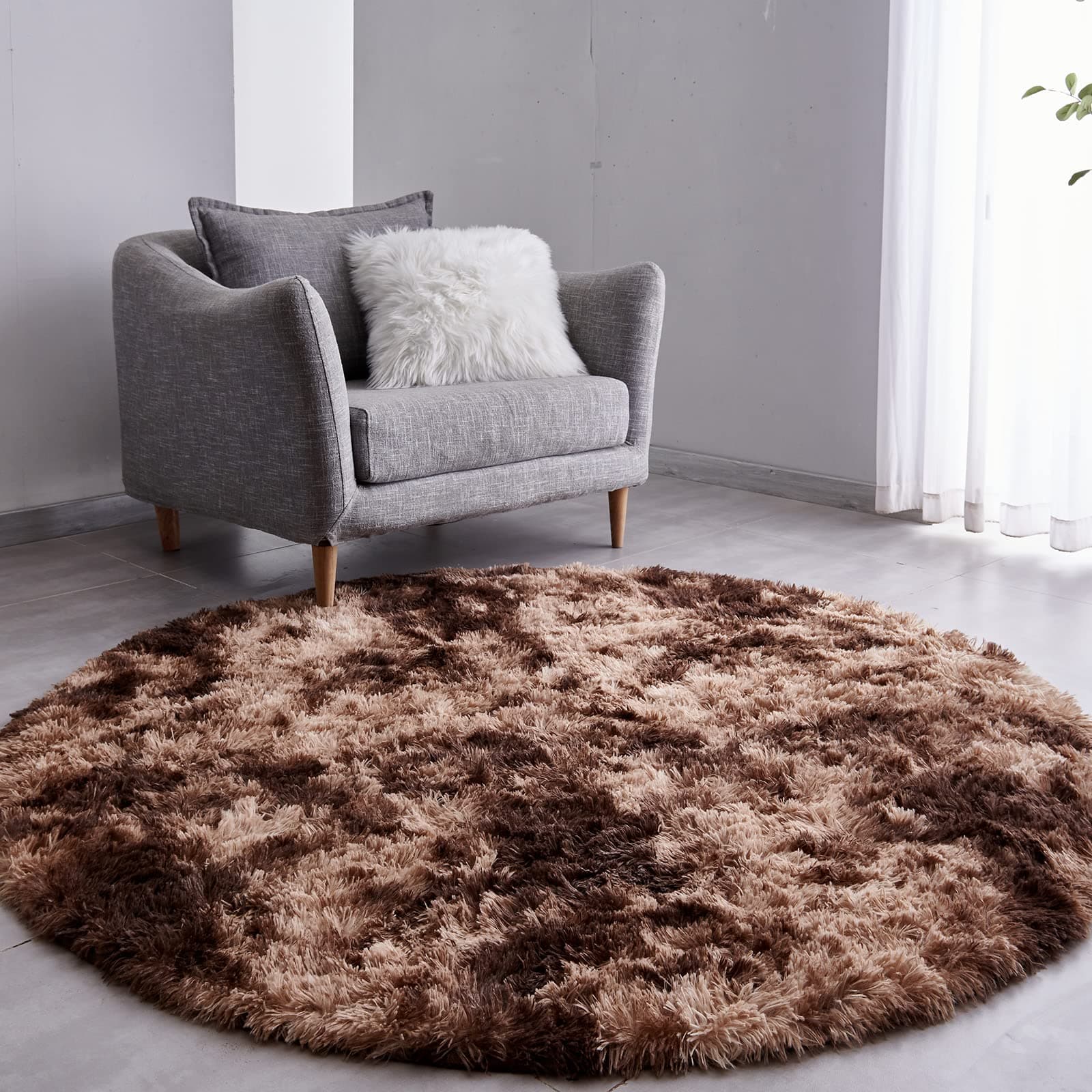 Tie-Dyed Coffee Round Rug Ultra-Soft Plush Modern 4x4 Circle Area Rug for Kid's Bedroom, Fluffy Shag Circular Rug for Nursery Room, Non-Slip Home Decor Carpet for Teen's Room
