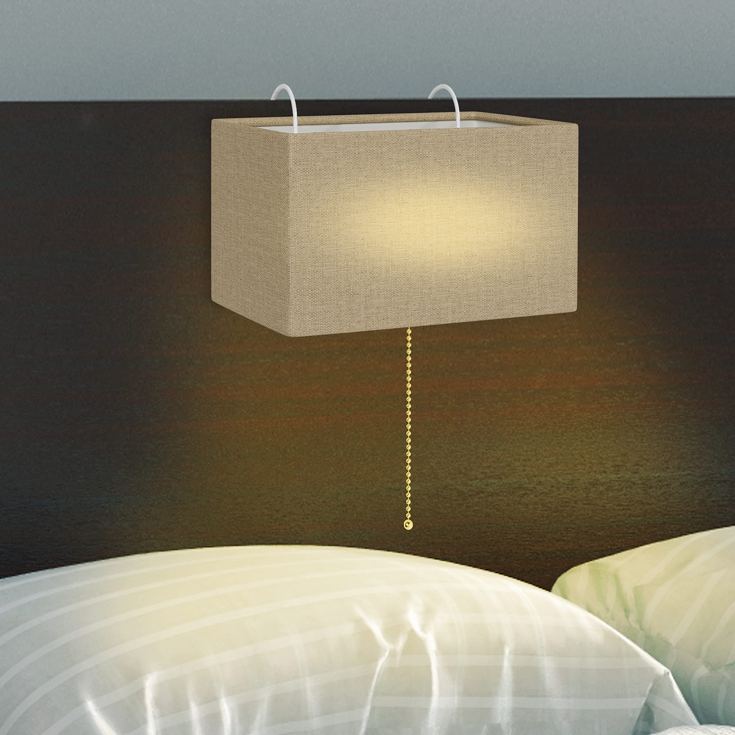 Headboard Reading Lamp, Linen Woven Shade, Natural Brown, Sleek Modern Design. Interchangeable Hooks, Fits headboards Up to 4 Inches Thick, Convenient On/Off Pull Switch, LED compatiable
