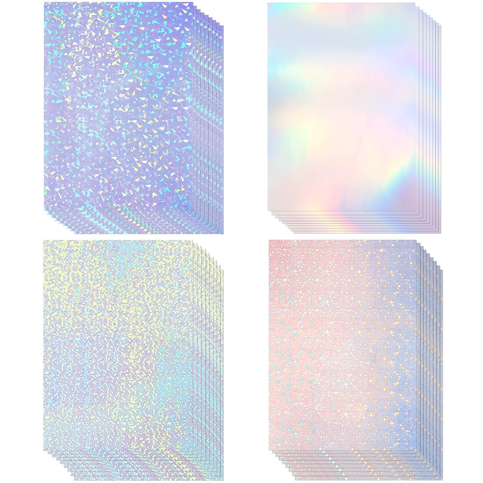 Clabby 36 Sheets Holographic Sticker Paper A4 Vinyl Holographic Laminate Sheets Self Adhesive Waterproof Transparent Film, 11.7 x 8.3 inches(Gem,Rainbow,Dot,Star)