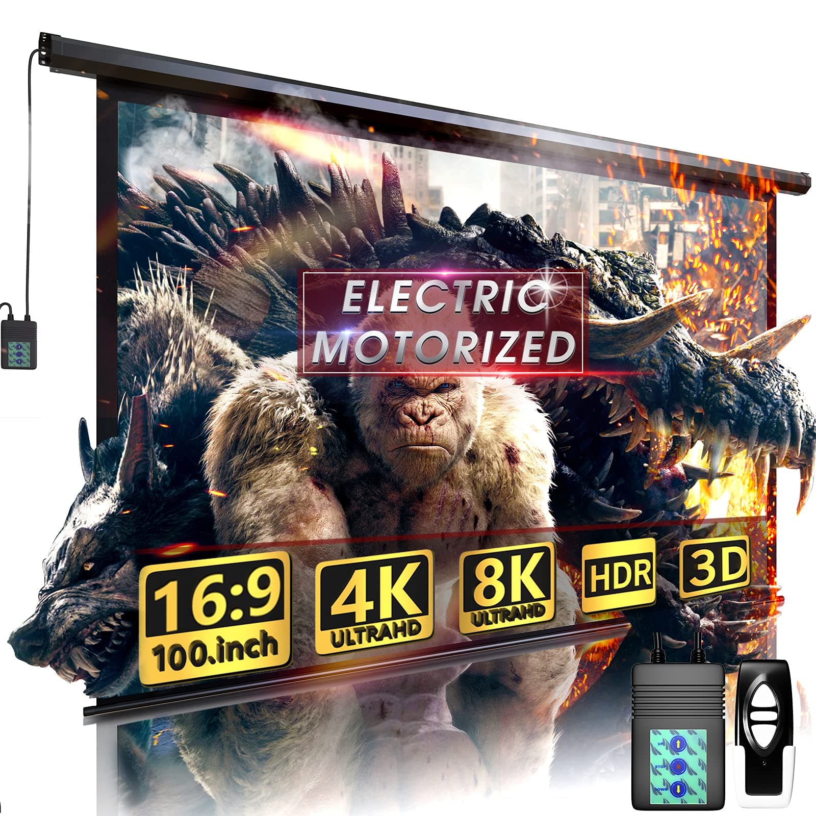 100" Motorized Projector Screen - Indoor and Outdoor Movies Screen 100 inch Electric 16:9 Projector Screen W/Remote Control