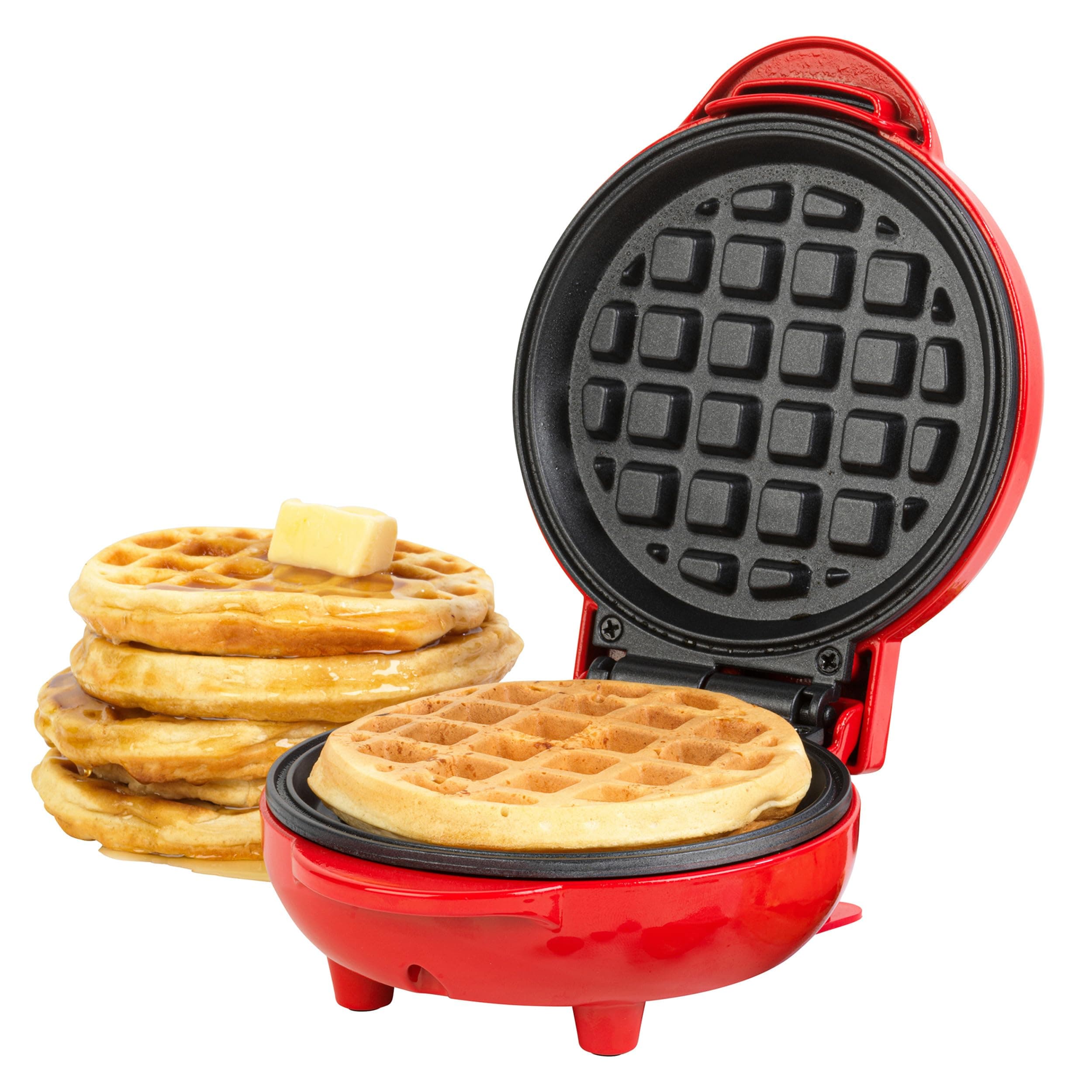 Giles & Posner Waffle Maker - Mini Non-Stick Waffle Iron, Compact, 550W, 2 Minute Preheat, Belgian American Round Waffles, 11.5cm Plates, Easy Clean, One Portion, Sweet Or Savoury Treats, Red