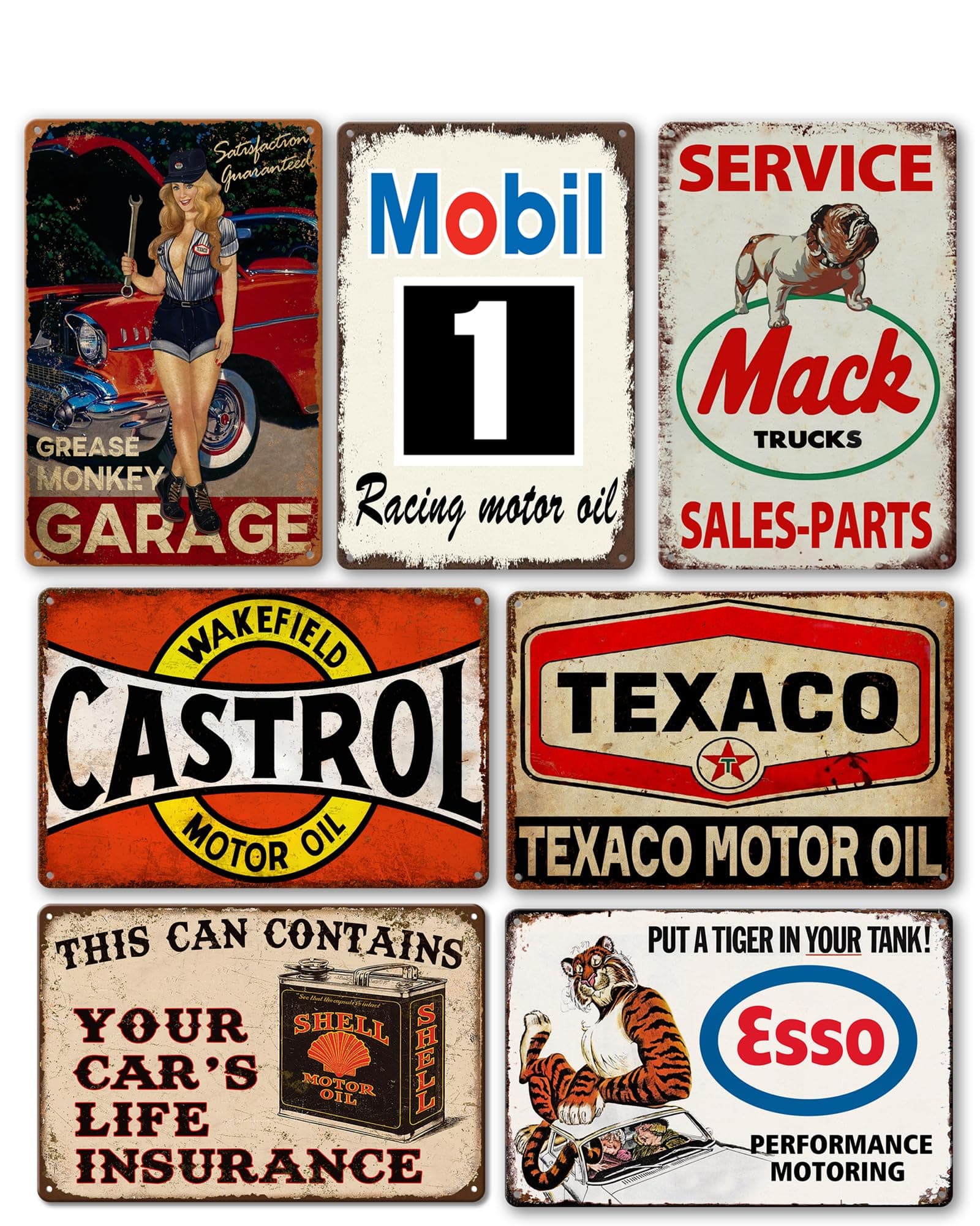 Vintage Metal Garage Signs for Men, Gas Station Tin Signs, Man Cave Decor Old Car Signs Shop Sign Oil Decor Motorcycle Posters Auto Gasoline Wall Decorations Bar Kitchen Accessories 7 Pces 8×12 Inch