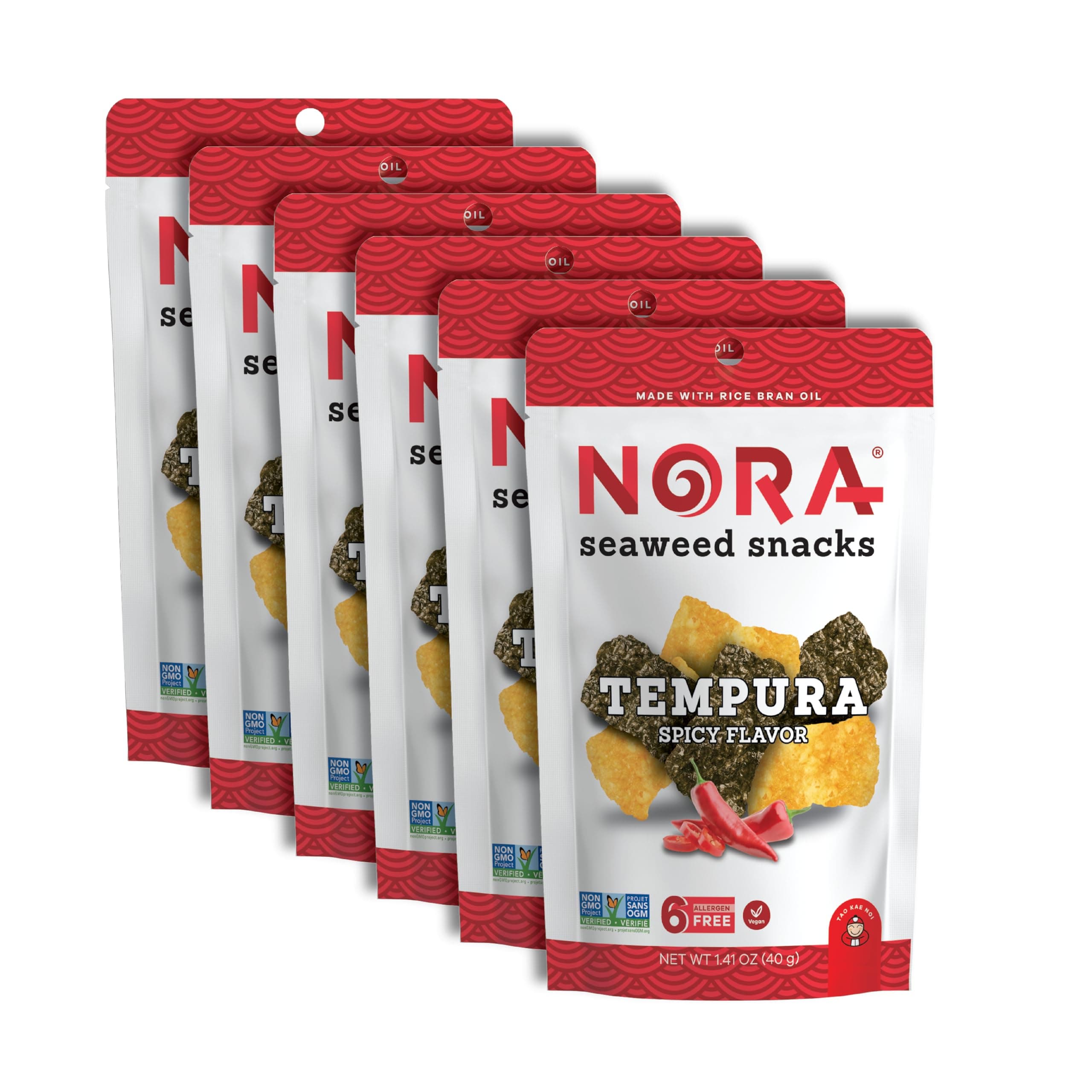 Spicy Tempura Seaweed Snacks by Nora, Thick Nori Sheets Snack Strips, Low-Carb Healthy Snacks for Adults, Asian Snacks, Vegan, Non-GMO, 6-Pack