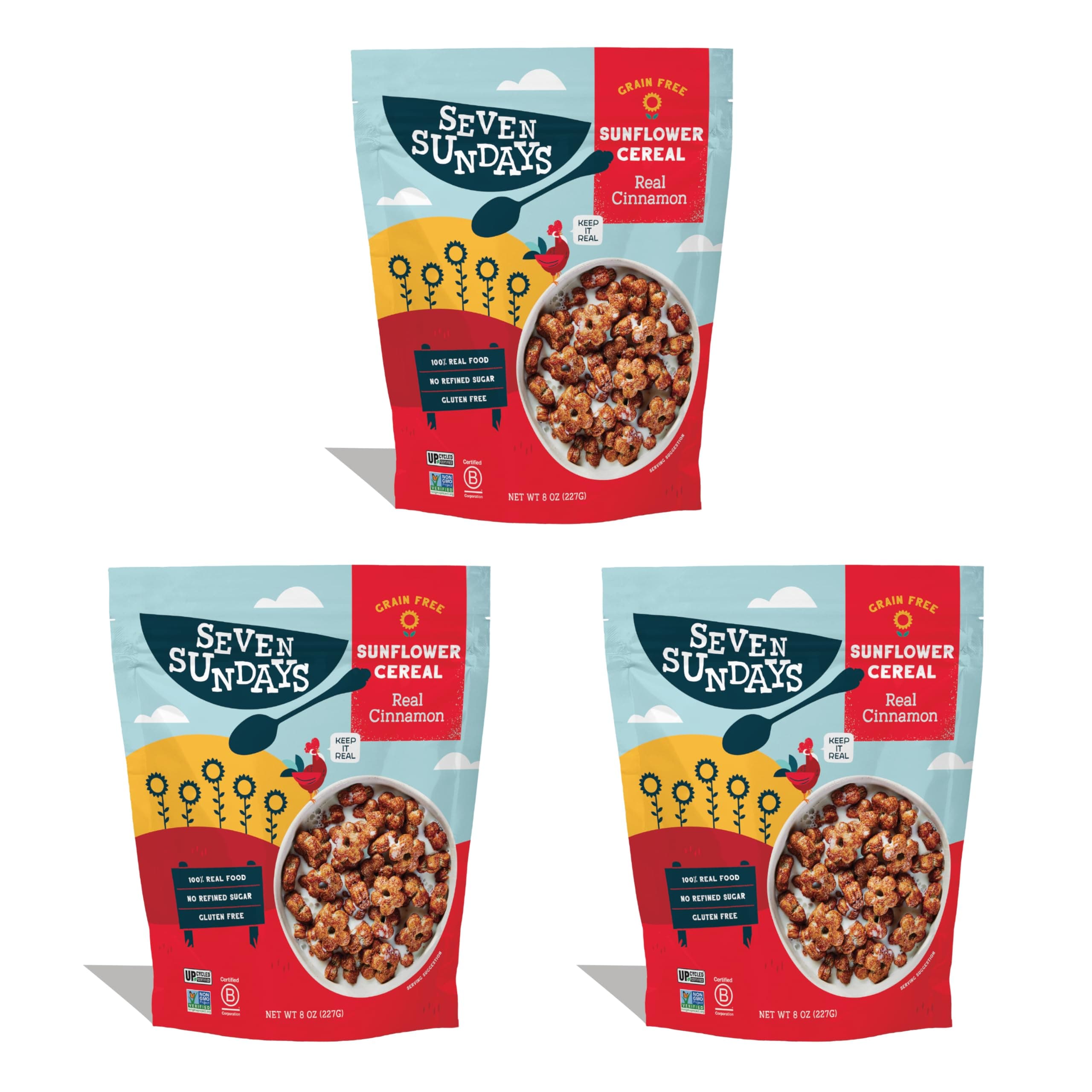 Seven Sundays Sunflower Cereal, Real Cinnamon, 8 Oz Bag (Pack of 3), Grain & Gluten Free, 5g Upcycled Protein, 2g Added Sugar, Cinnamon Crunch Snack