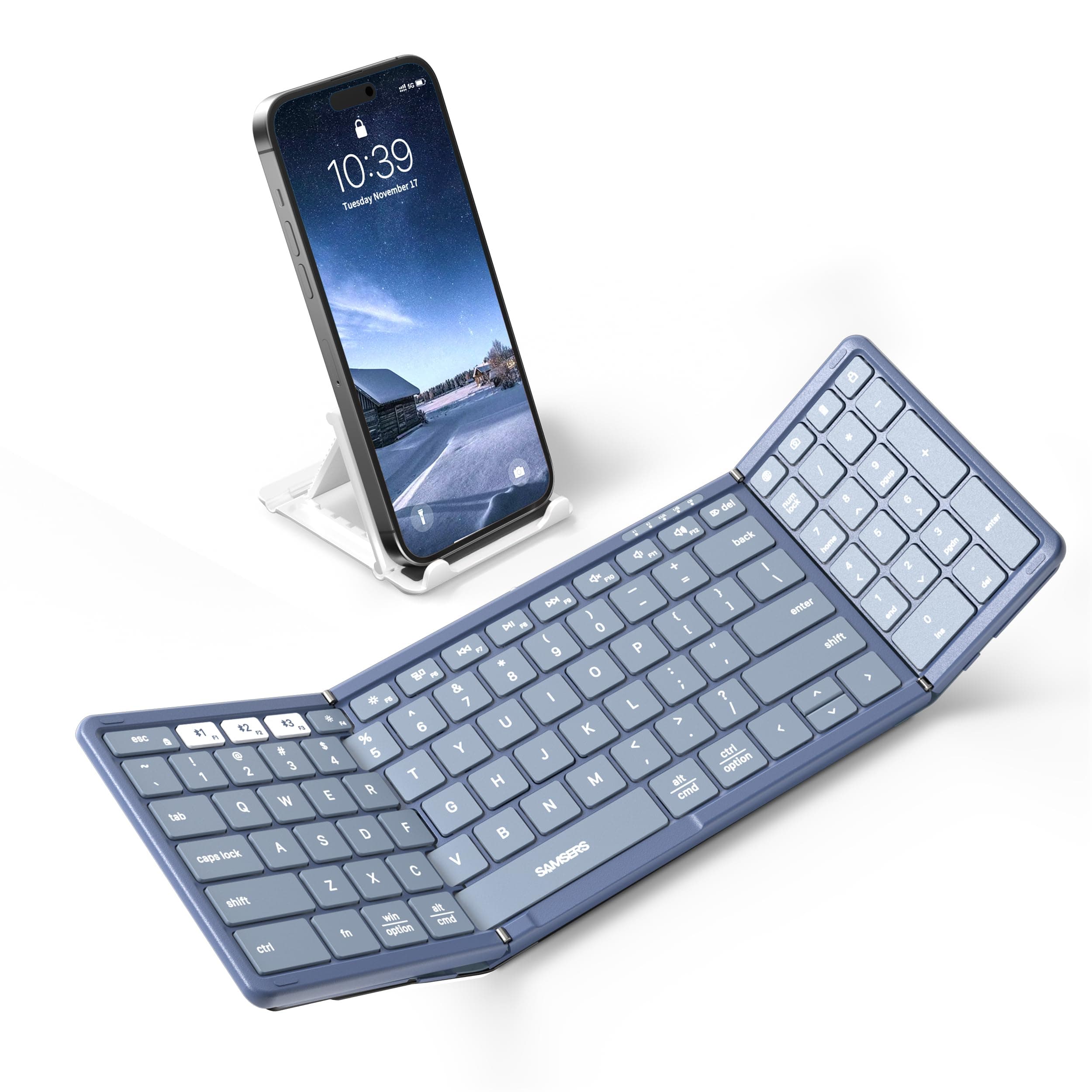 Samsers Foldable Bluetooth Keyboard with Numeric Keypad, Full-Size Wireless Folding PU Leather, Portable Travel for iOS Android Windows Mac OS, Support 3 Device(BT5.1 x 3) Blue