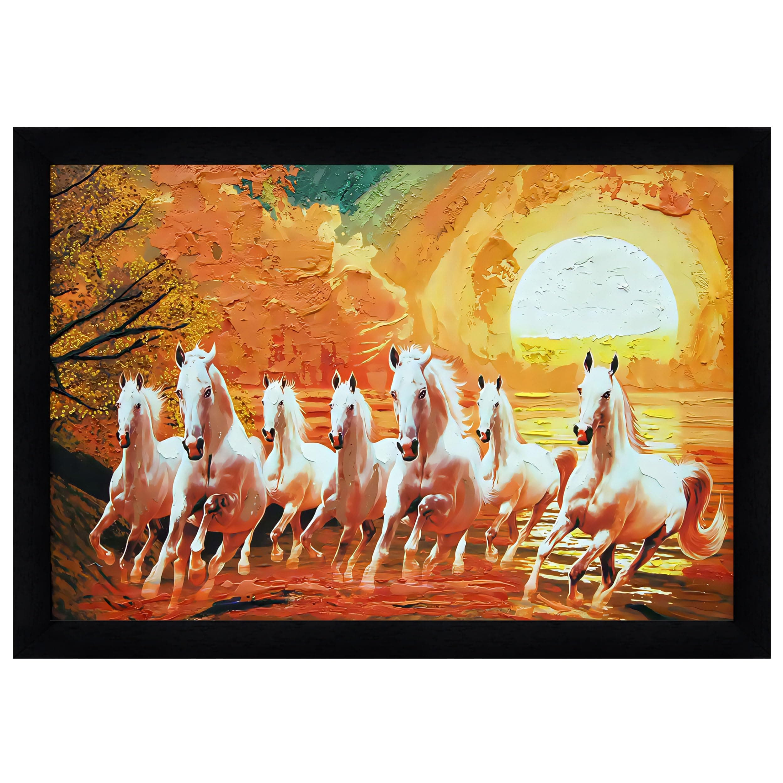 Indianara Vastu Runing Seven Horses Painting With Frame 13 Inches X 10 Inches (Style 10)
