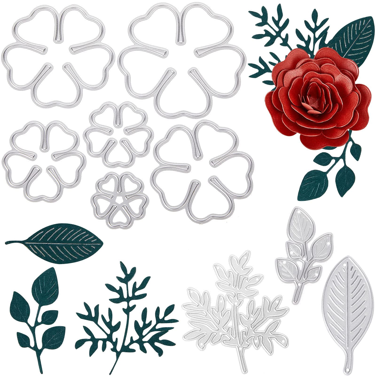 6 Pieces 3D Rose Flower Metal Die Cuts 3 Pieces Leaf Cutting Dies Wedding Craft Stencils Embossing Template Stencil Album Decorative Paper for DIY Scrapbooking Card Making