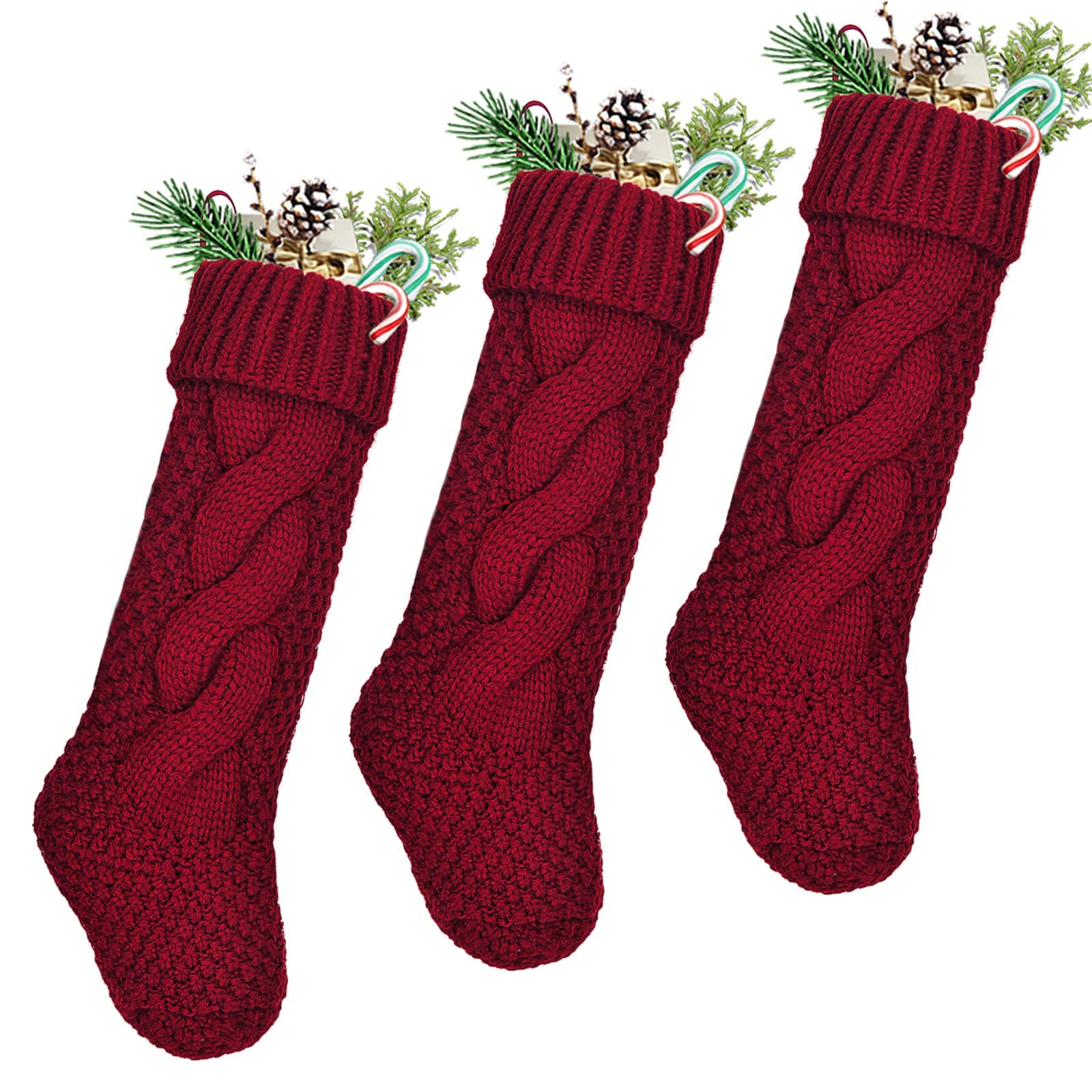 LimBridgeChristmas Stockings, 3 Pack 18 inches Large Size Cable Knit Knitted Xmas Rustic Personalized Stocking Decorations for Family Holiday Season Decor, Burgundy