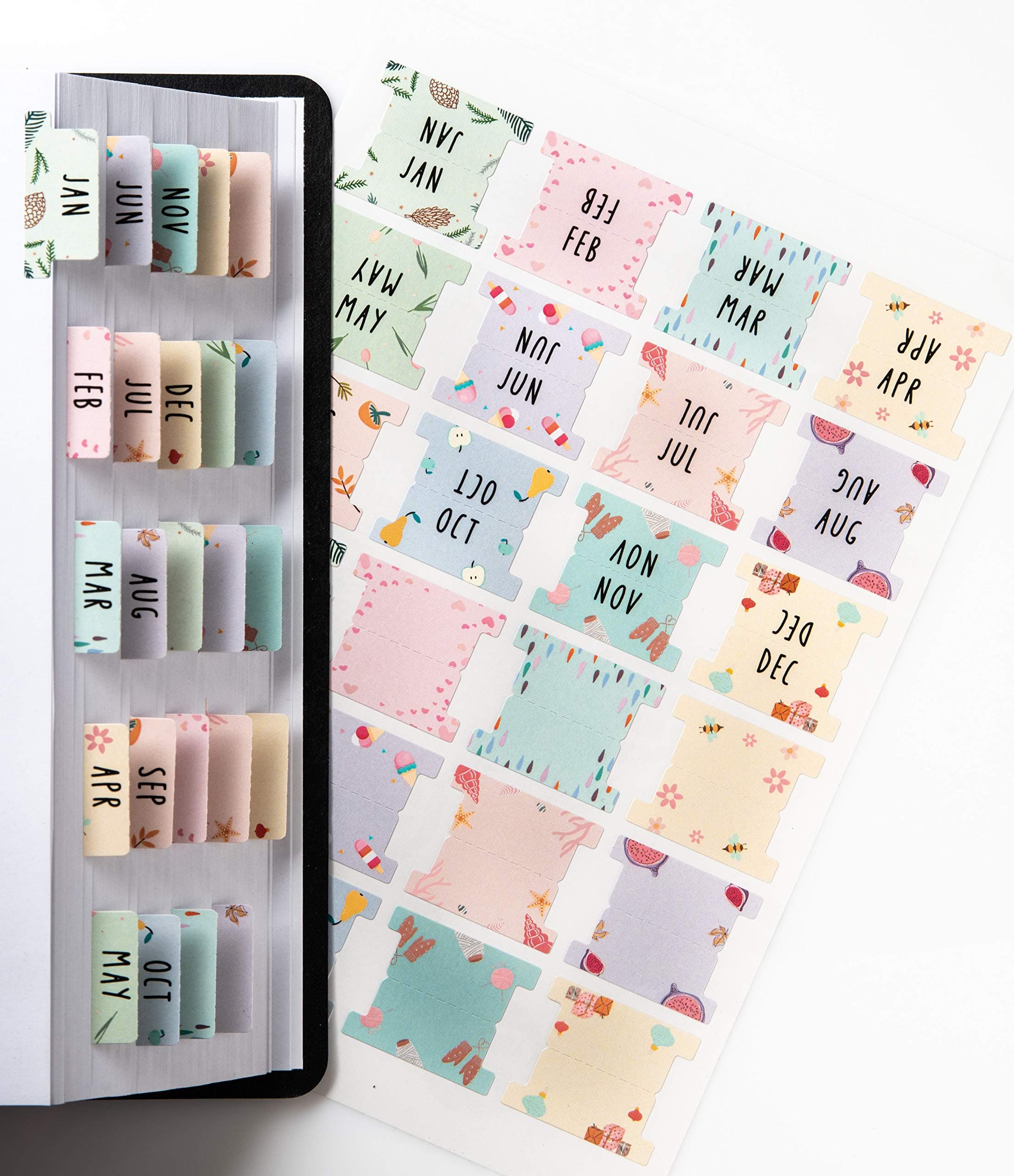 Laminated Planner Monthly Tabs, 24 Peel and Stick Tabs for Notebooks (12 Month Tabs and 12 Blank Tabs), Calendar Monthly Tab Stickers/Dividers (Assorted), Medium