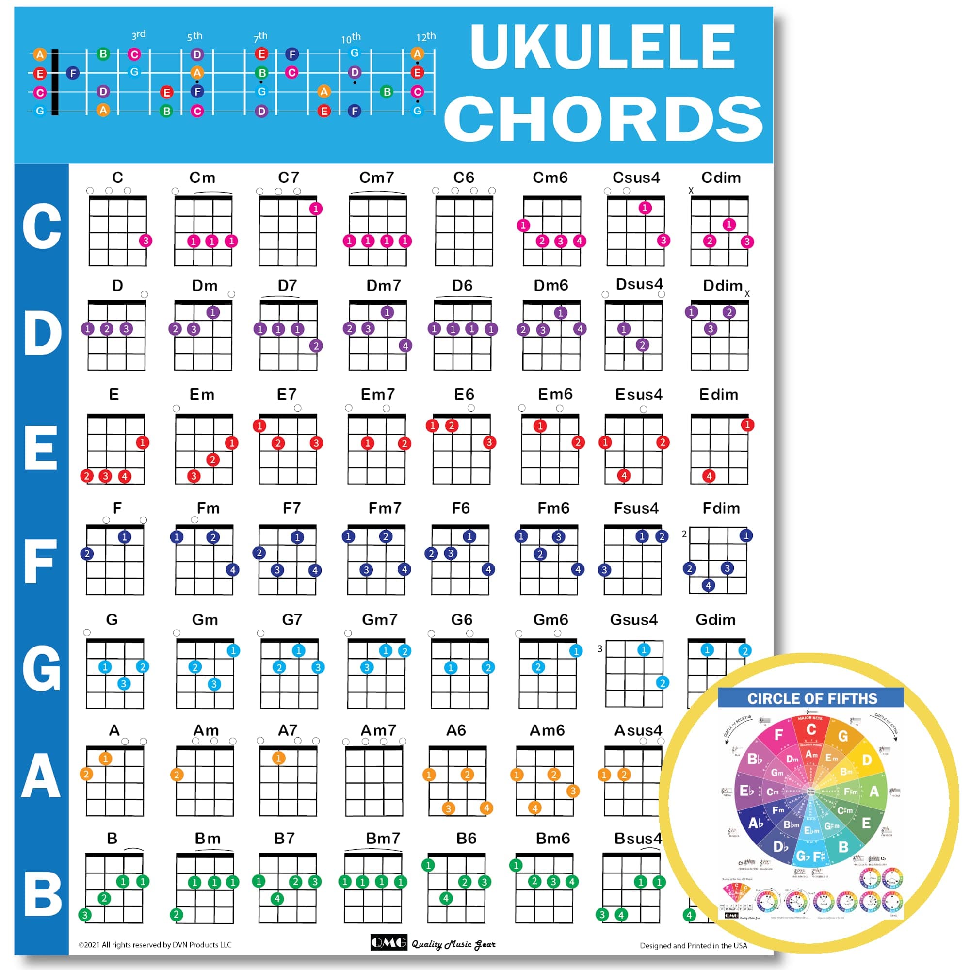 QMG Ukulele Chords Cheatsheet – Laminated A4 Music Theory Chart with Circle of Fifths for Beginners