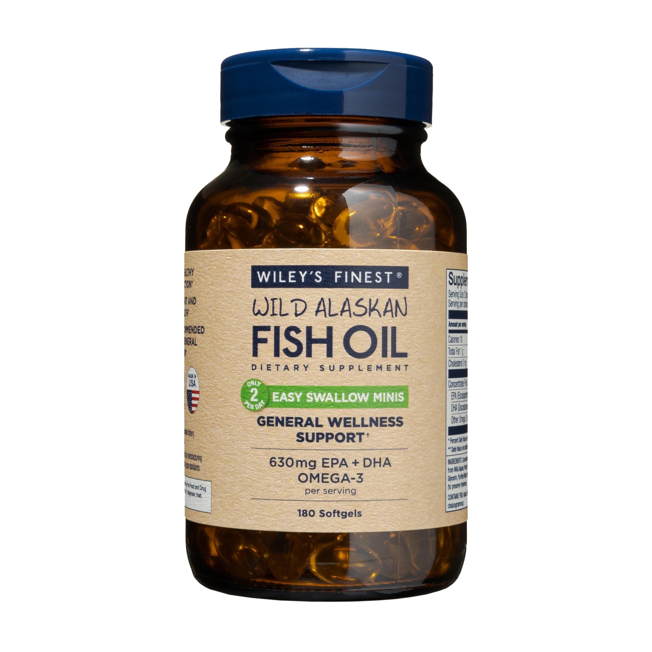 Wiley's Finest - Wild Alaskan Fish Oil - Easy Swallow Minis (630mg Epa+dha Per Serving) Omega 3 Supplements - 180 Softgels