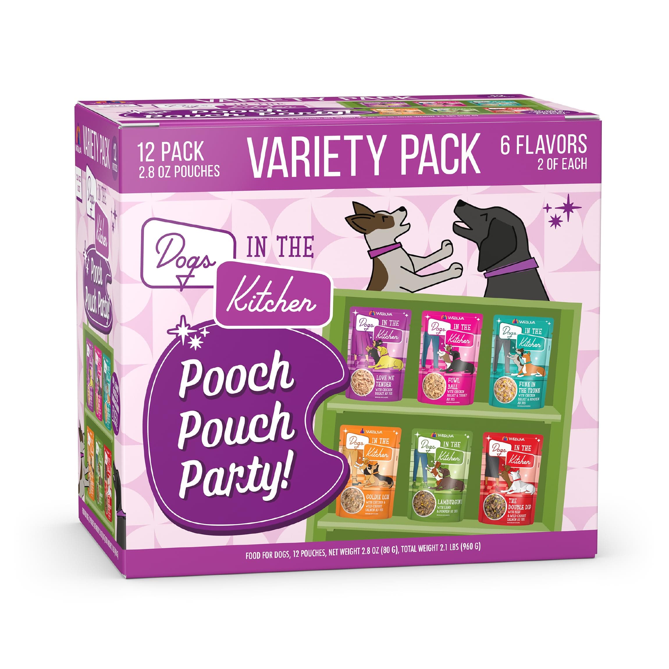 Dogs In The Kitchen, Variety Pack, Pooch Pouch Party!, Wet Dog Food, 2.8Oz Pouches (Pack Of 12)