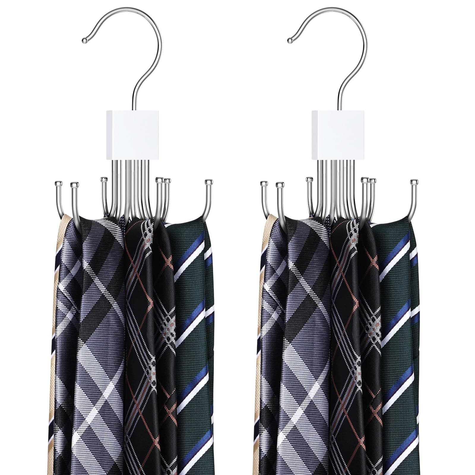 Tie Rack Hanger, Belt Hanger Organizer for Closet 360° Rotatable Max 24 Ties/24 Belts Storage Space Saving Closet Organizers and Storage for Belt, Bra, Tank Top, Tie, Scarf, Purse 2Pcs White