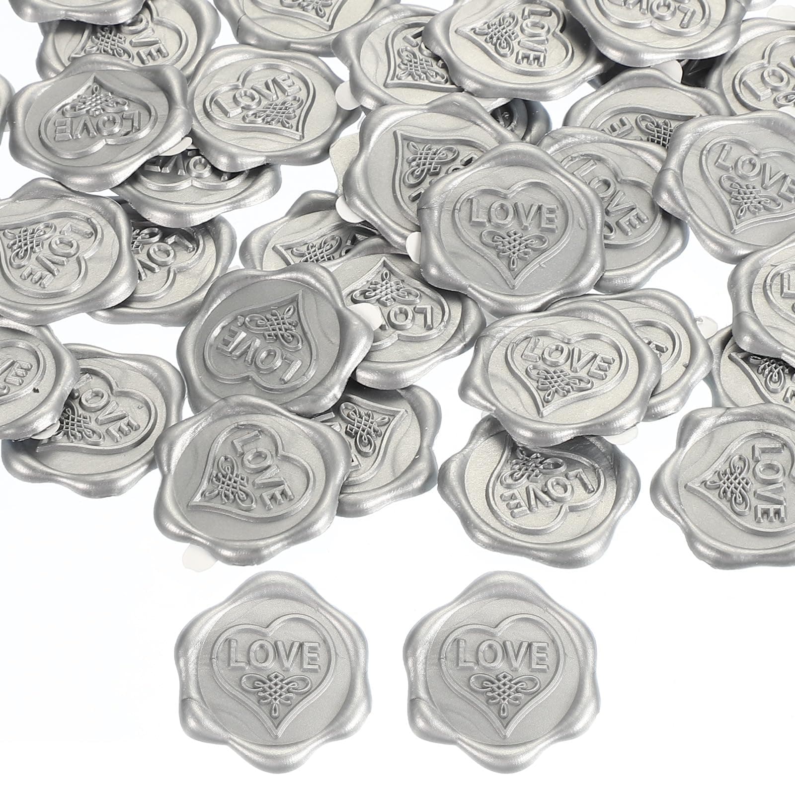 PATIKILLove Wax Seal Stickers, 50 Pack Embossed Self Adhesive Sticker for Envelope Letter Wedding Invitation Card Birthday Party Gift, Silver