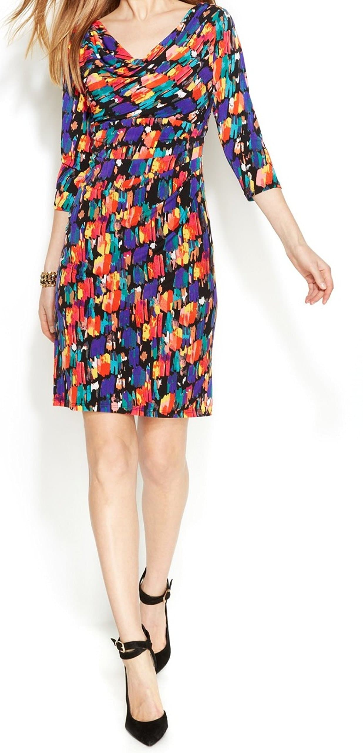 Anne Klein Women's 3/4 Sleeve Cowl Neck Printed Dress